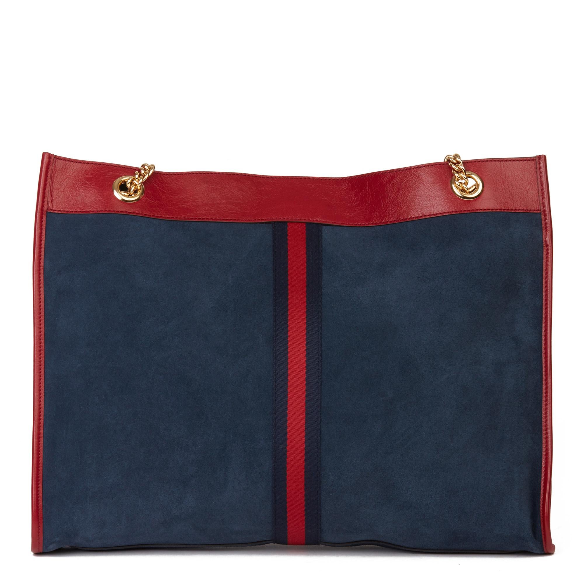 2020 Gucci Red Aged Calfskin Leather & Blue Suede Web Large Rajah Tote In New Condition In Bishop's Stortford, Hertfordshire
