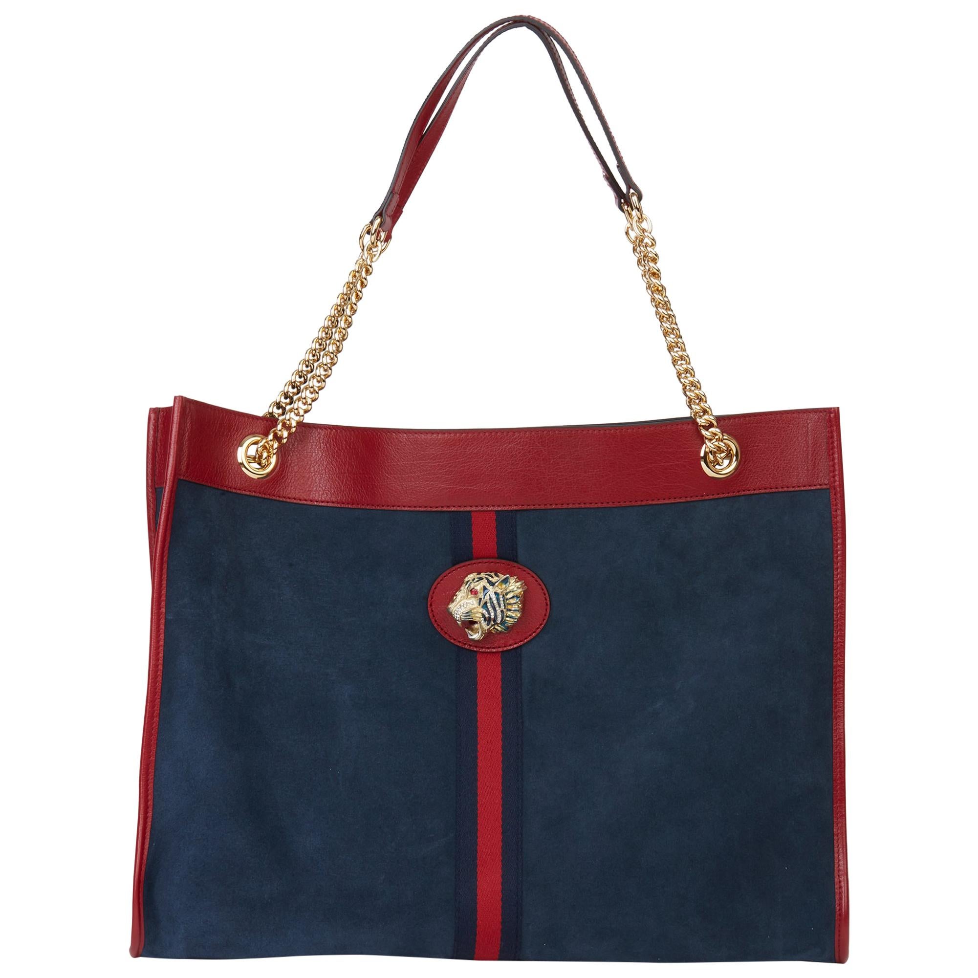 2020 Gucci Red Aged Calfskin Leather & Blue Suede Web Large Rajah Tote