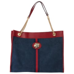 2020 Gucci Red Aged Calfskin Leather & Blue Suede Web Large Rajah Tote
