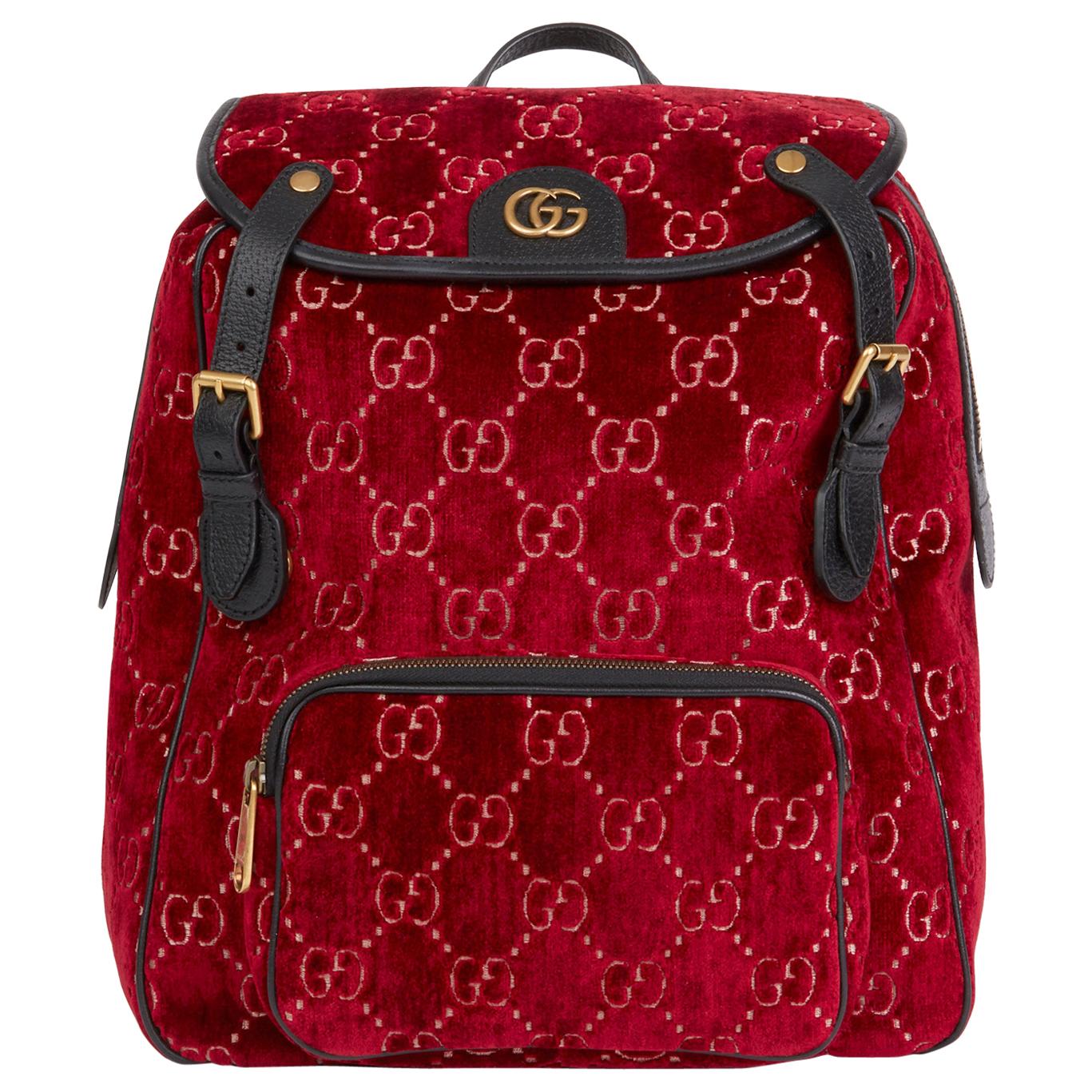 2020 Gucci Red GG Velvet & Black Pigskin Small Marmont Backpack