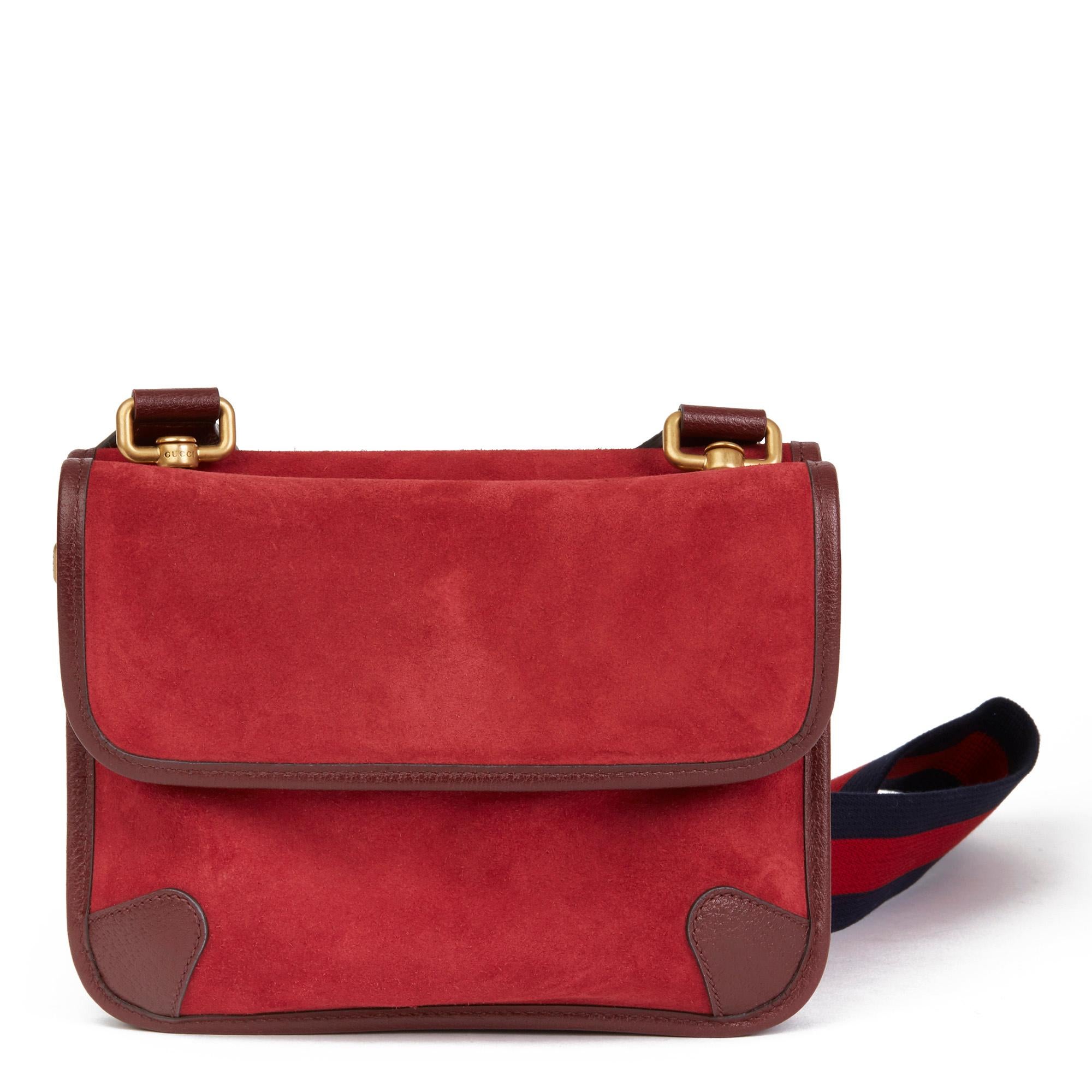 Women's or Men's 2020 Gucci Red Suede & Burgundy Pigskin, Navy Web Small Messenger Bag
