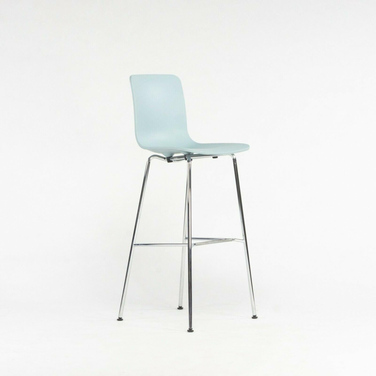 Listed for sale is a Jasper Morrison for Vitra HAL bar stool in ice gray (looks like baby blue). The chair was acquired directly from Vitra, as they recently moved one of their warehouses to a new location. The chair was produced circa 2020 and is