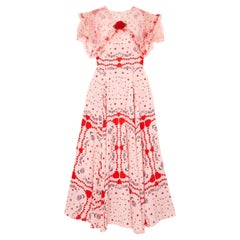 2020 Rodarte Pink Red Heart Print Silk Dress with Ruffle Collar