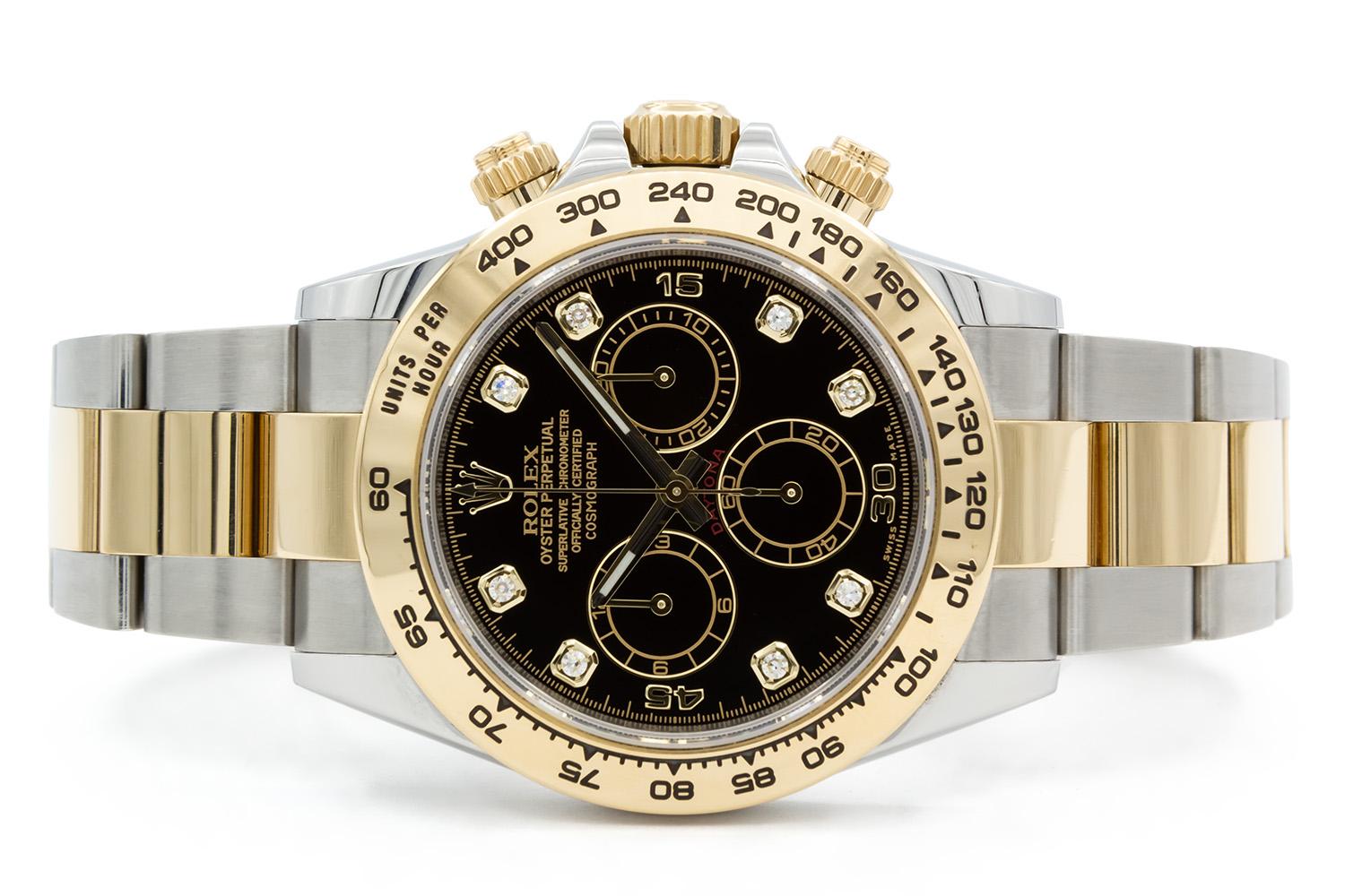 We are pleased to offer this 2020 Rolex Daytona Cosmograph 116503. This beautiful two tone watch features a 40mm stainless steel case with black diamond dial, engraved inner bezel, stainless steel and 18k yellow gold bracelet with polished center