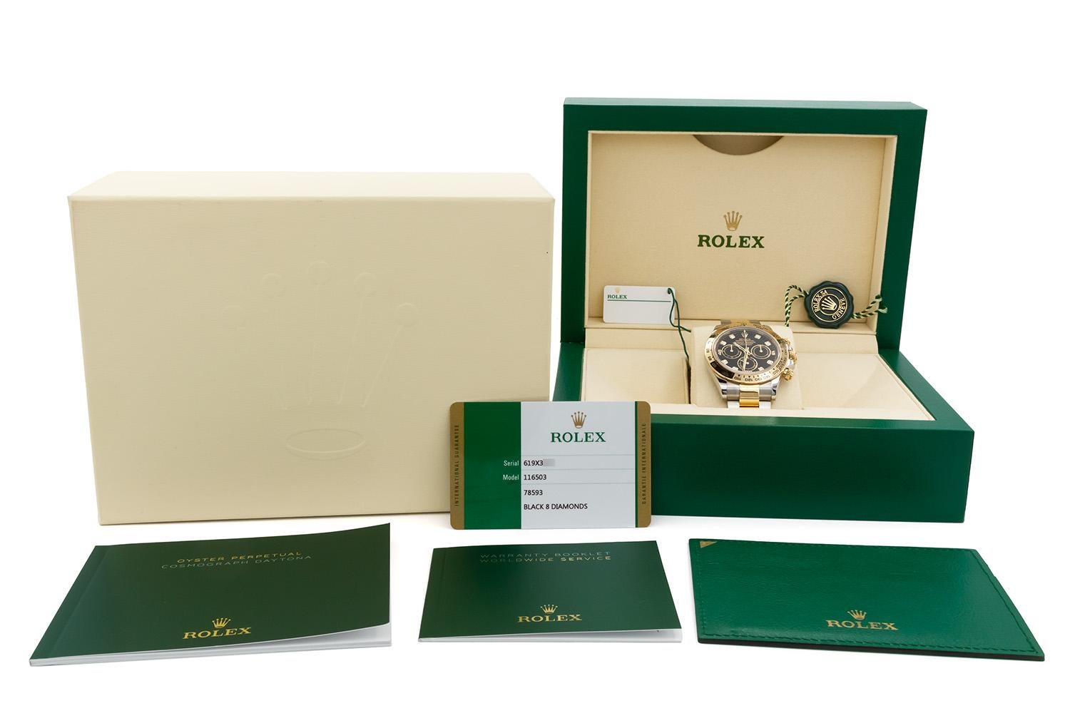 Men's 2020 Rolex Daytona Two Tone Steel 18k Gold Black Diamond Dial 116503 Box Papers