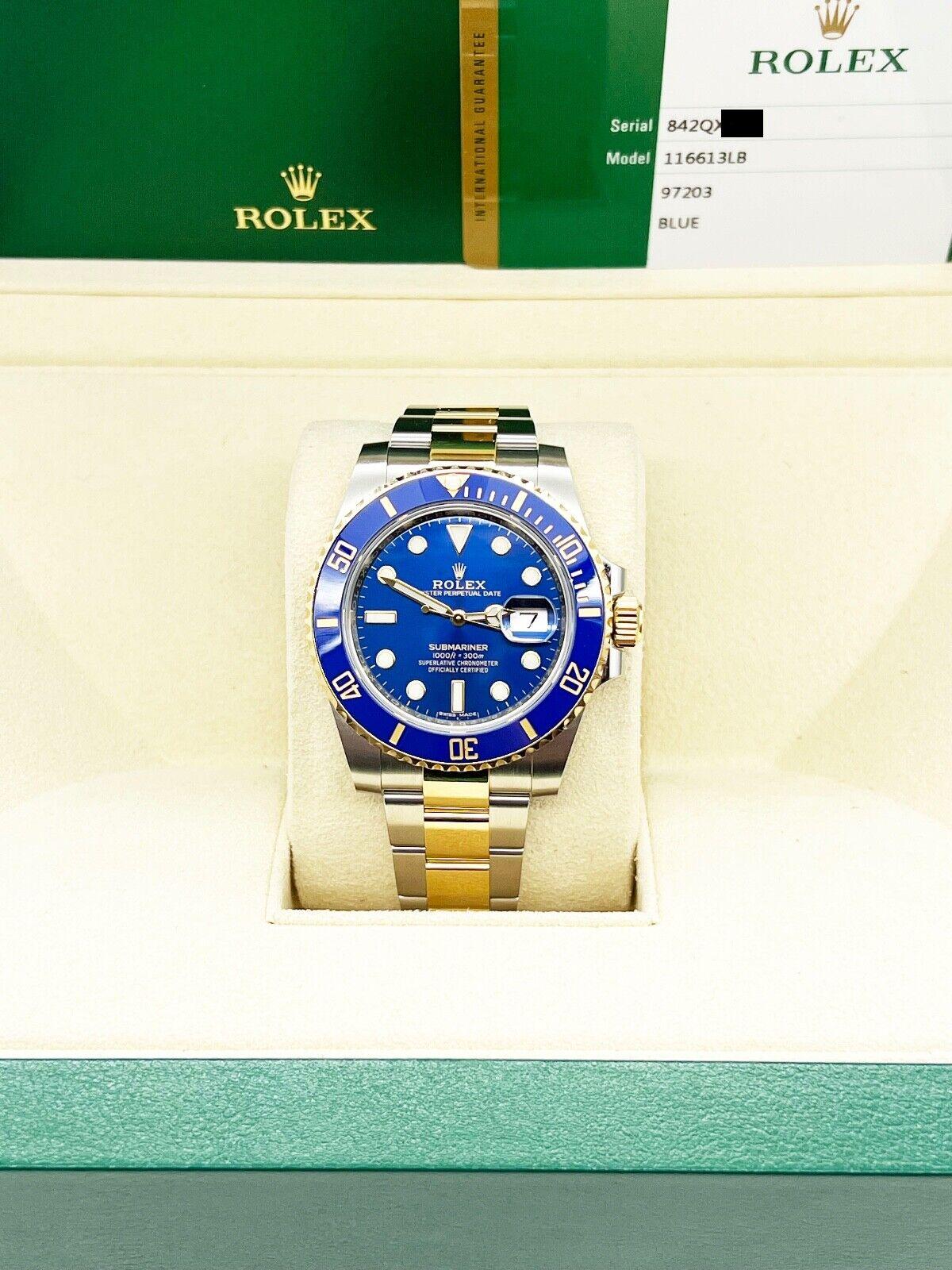2020 Rolex Submariner 116613 Blue Ceramic 18K Yellow Gold Stainless Box Paper For Sale 1