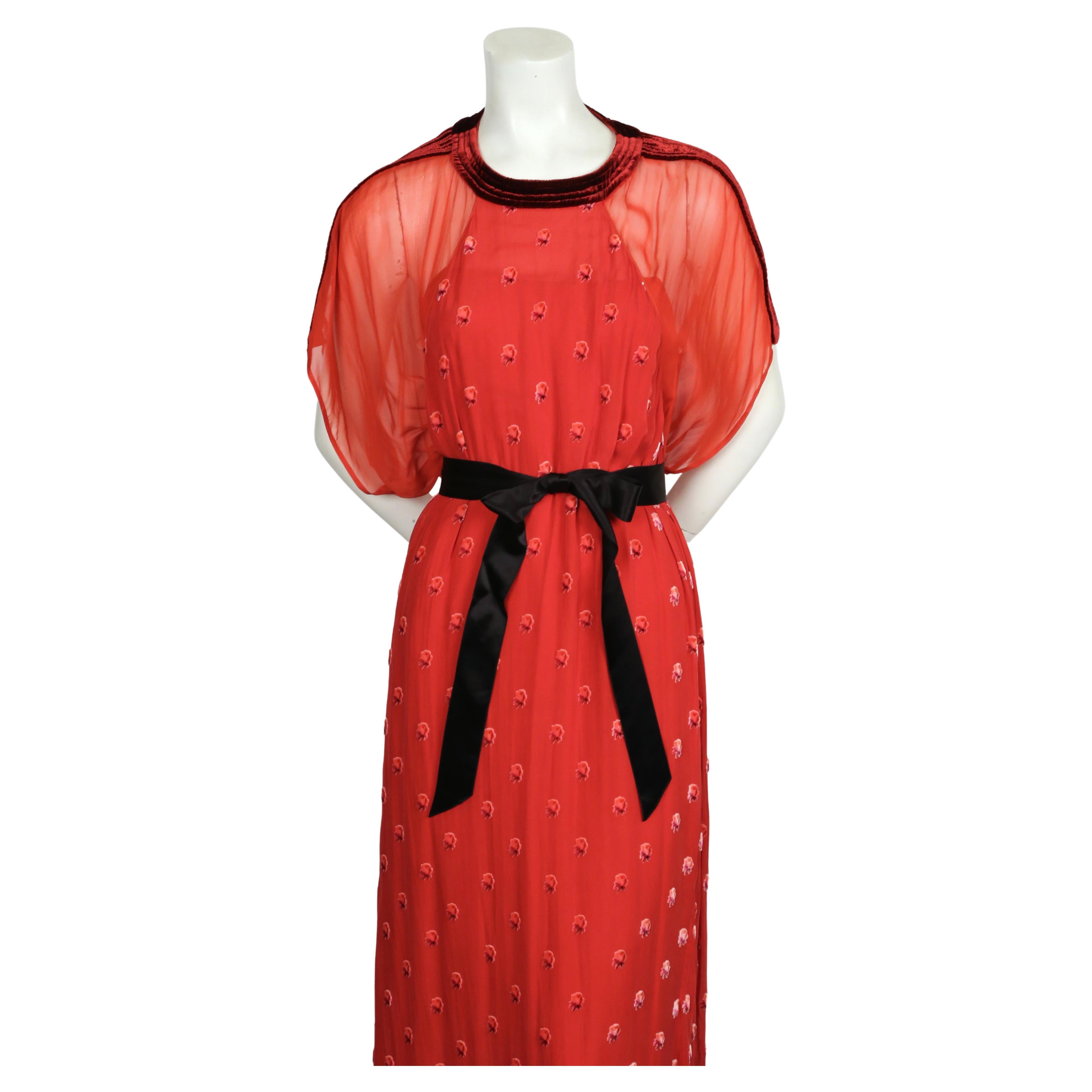 2020 VALENTINO red silk dress with velvet flowers and trim In Good Condition For Sale In San Fransisco, CA