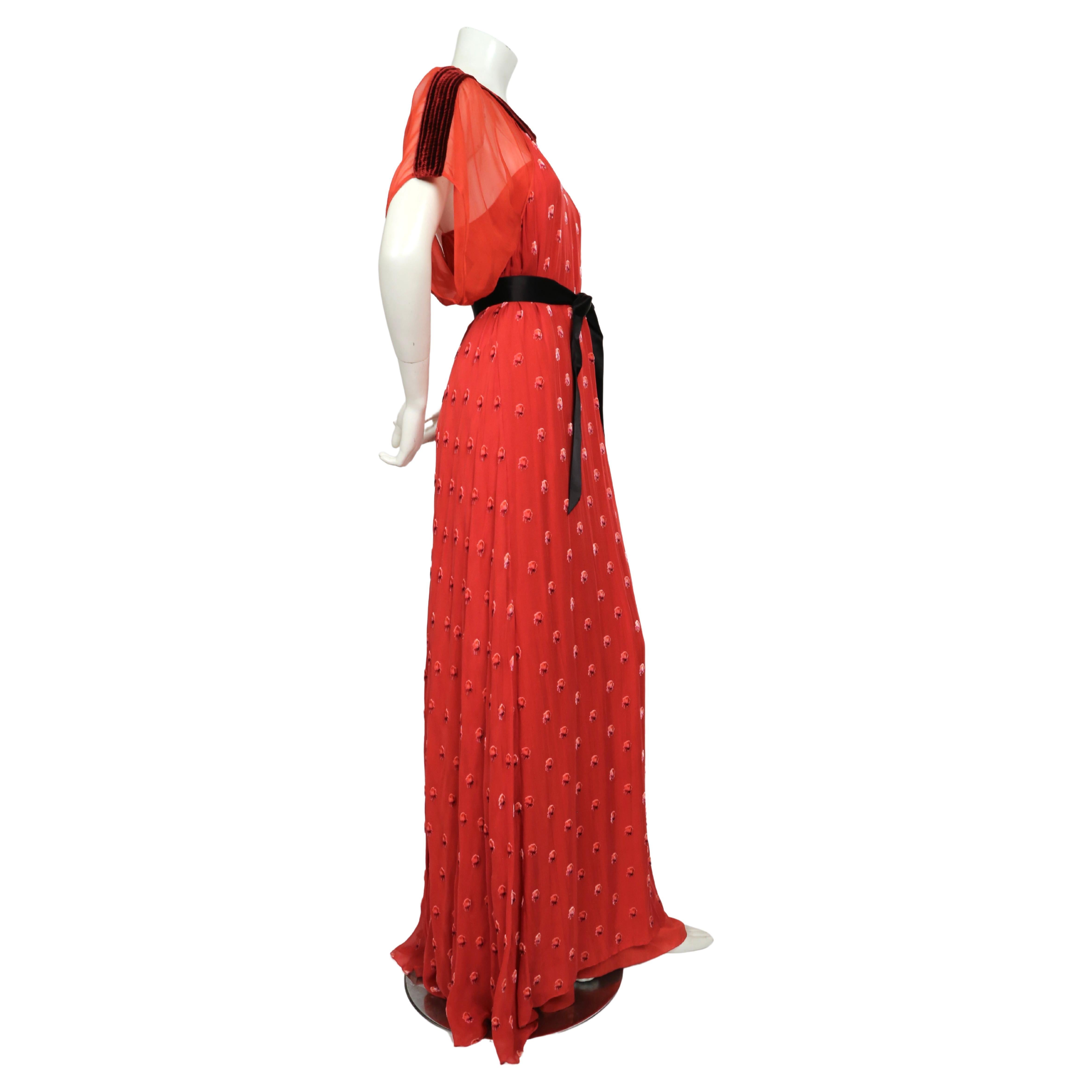 2020 VALENTINO red silk dress with velvet flowers and trim For Sale 2