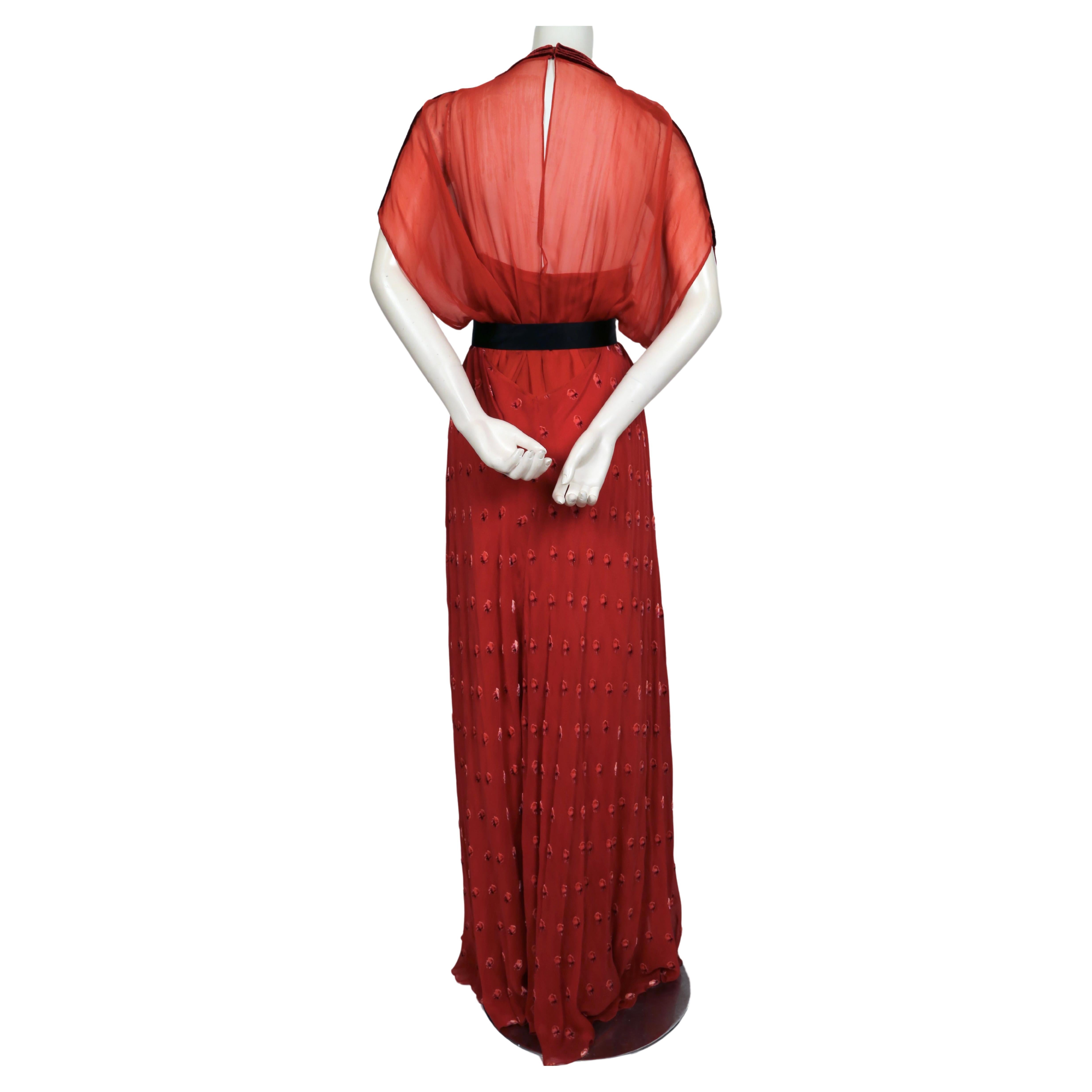 2020 VALENTINO red silk dress with velvet flowers and trim For Sale 3