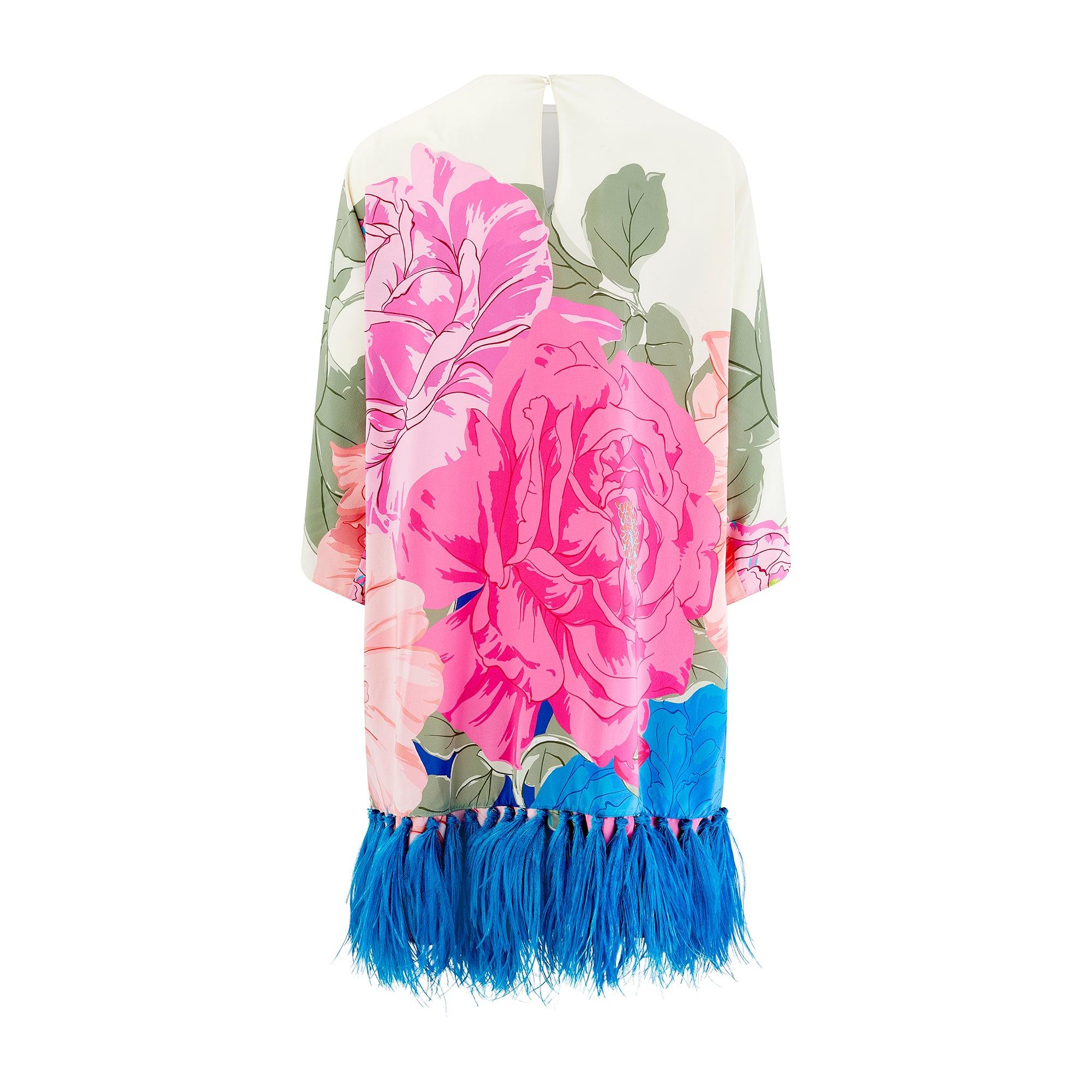 2020 Valentino Resort Vestido de seda floral con dobladillo de plumas Púrpura en venta
