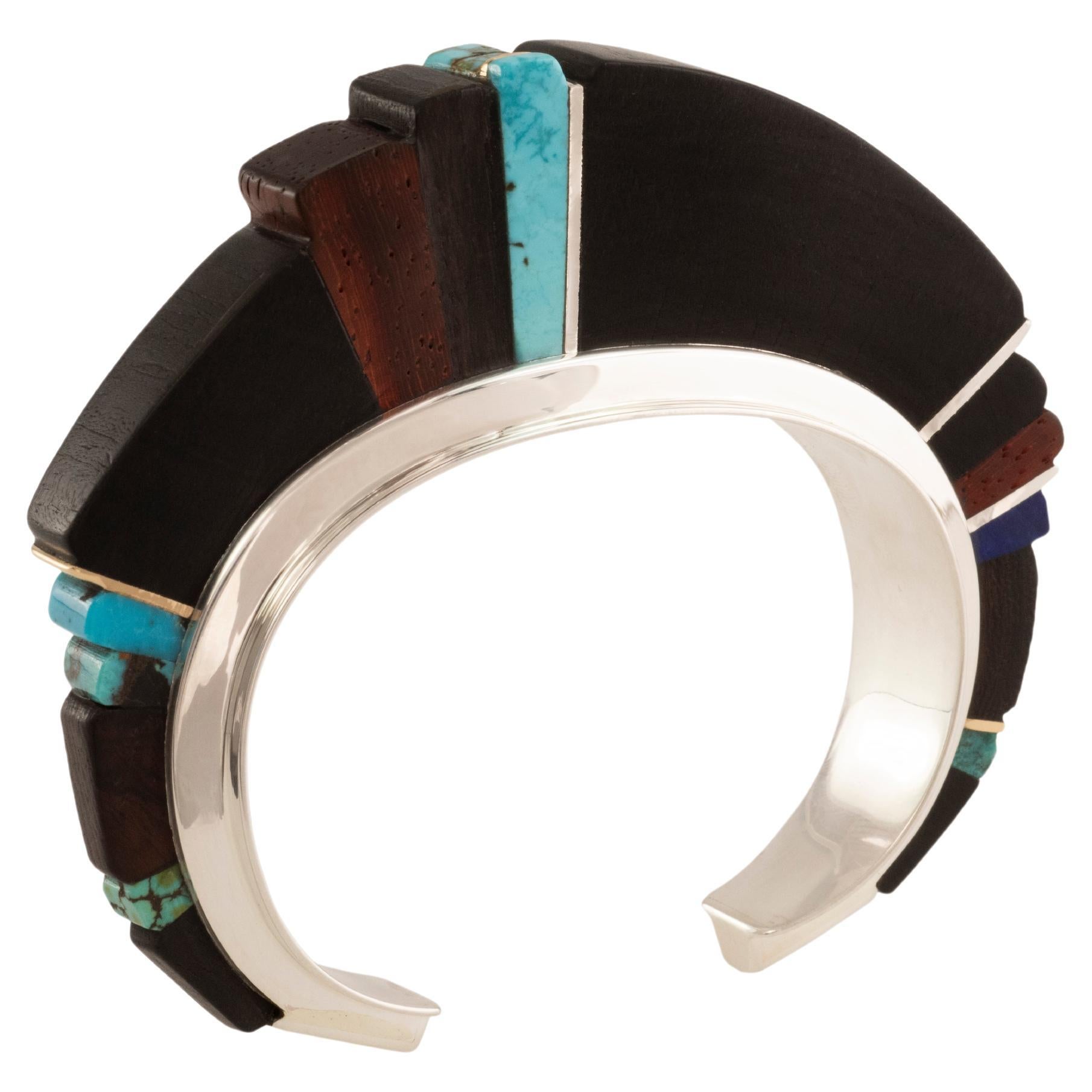 Sonwai Wood Turquoise Lapis Lazuli Silver and Yellow Gold Height Inlay Cuff 2020