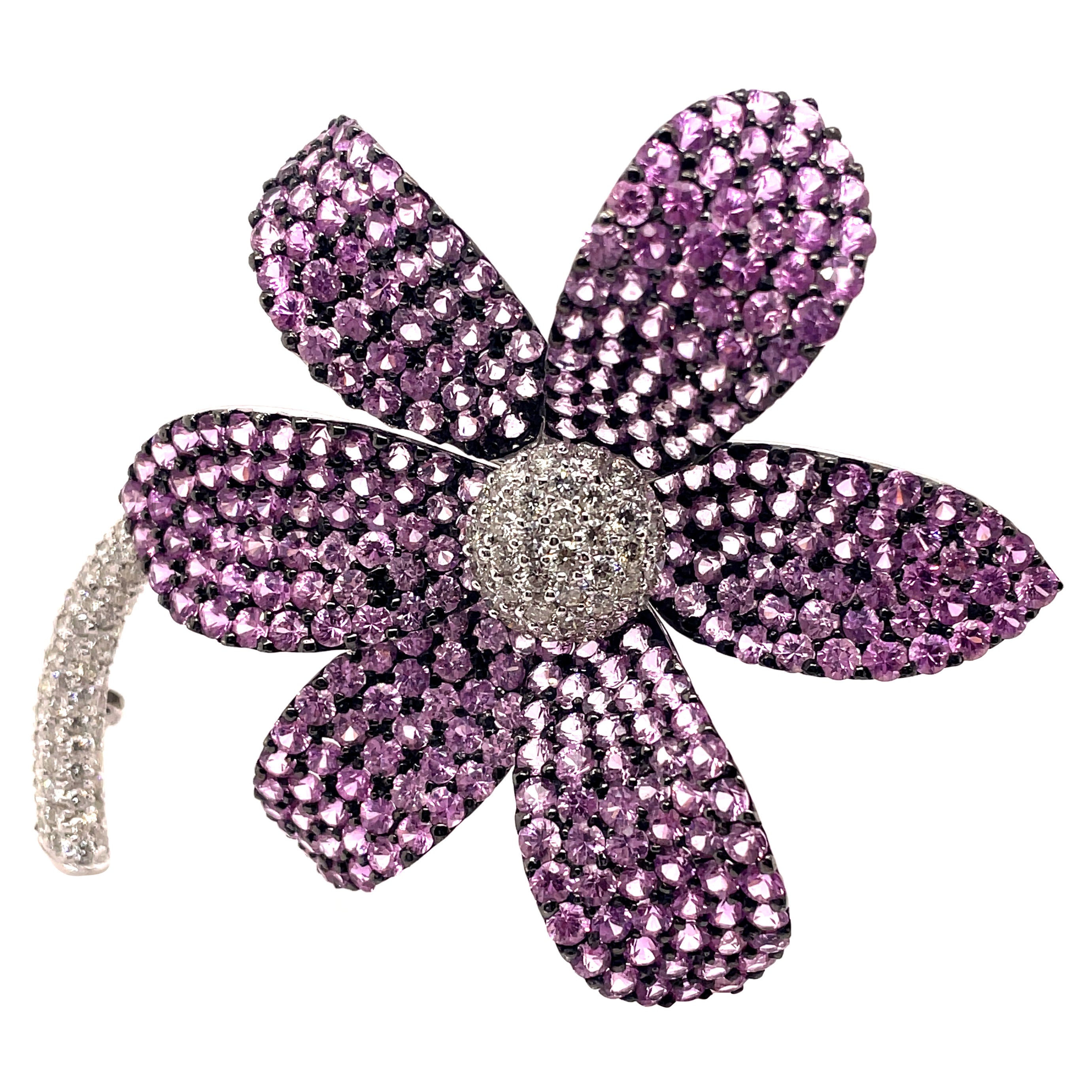 20.20ct Pink Sapphire with 3.01 Diamonds Brooch 18k White Gold For Sale