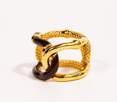 2020s Bottega Veneta Intreccio Chain Ring Gold Pleated Silver and Black Enamel