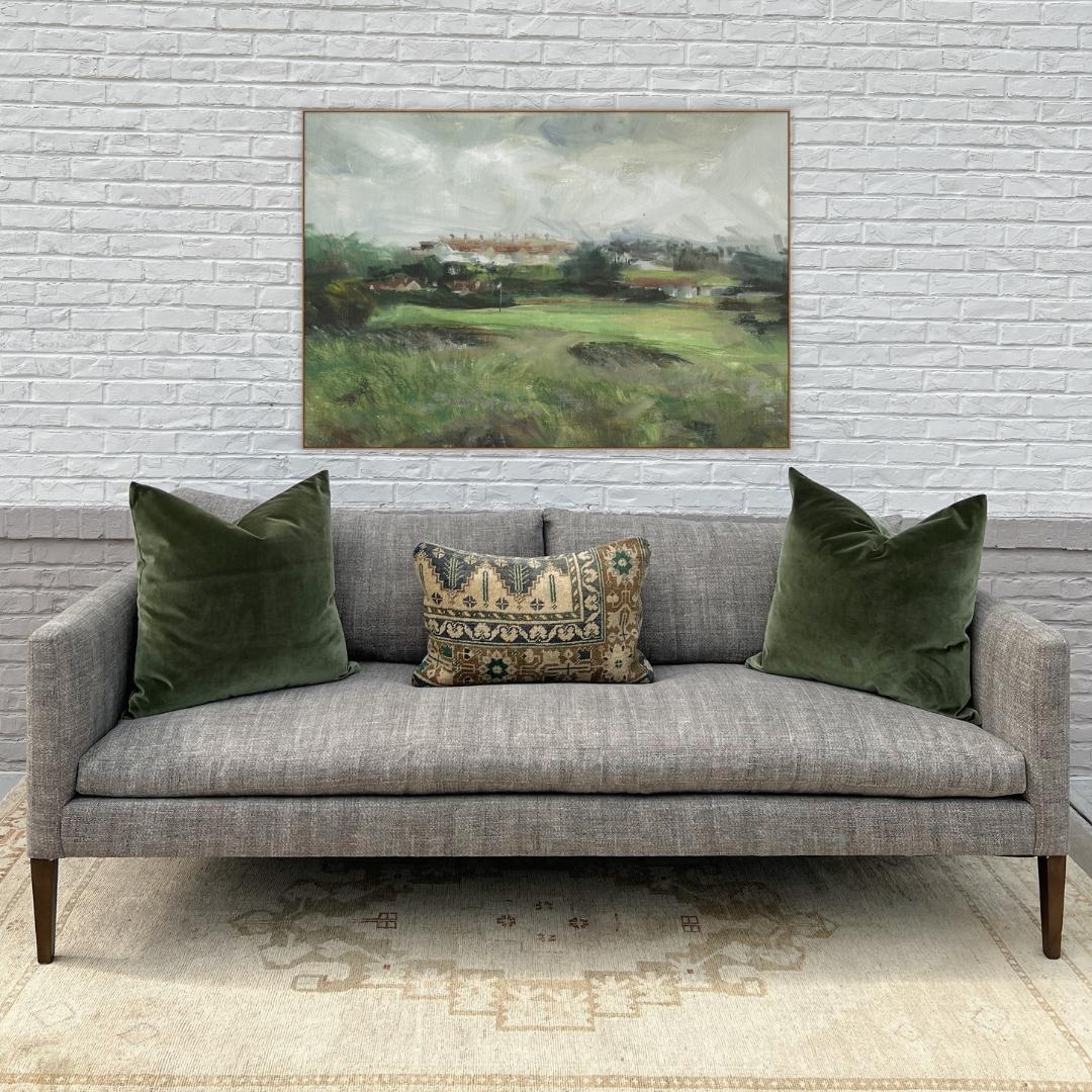 Custom made LEE Industries 7098 Sofa. This sofa is showroom new and has never been used.

This sofa features a modern, narrow track arm, low back, exposed wood legs and bench seat. Upholstered in a tobacco-colored Italian linen, woven to create