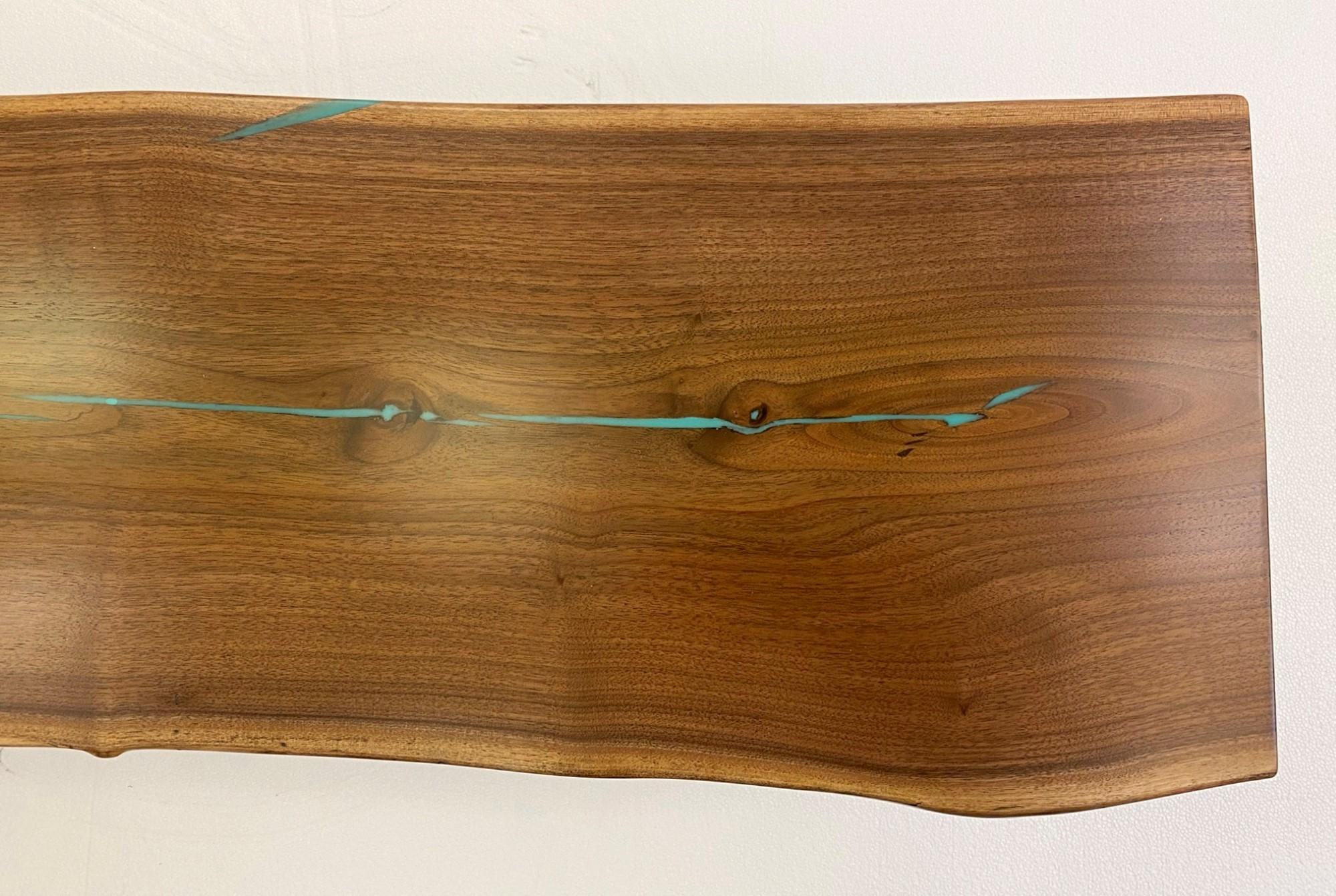 Contemporary 2020s Live Edge Walnut Slab Bench with Slab Legs Featuring Sky Blue Resin