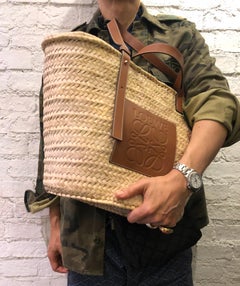 2020s LOEWE Leather Trimmed Leather Raffia Basket Tote
