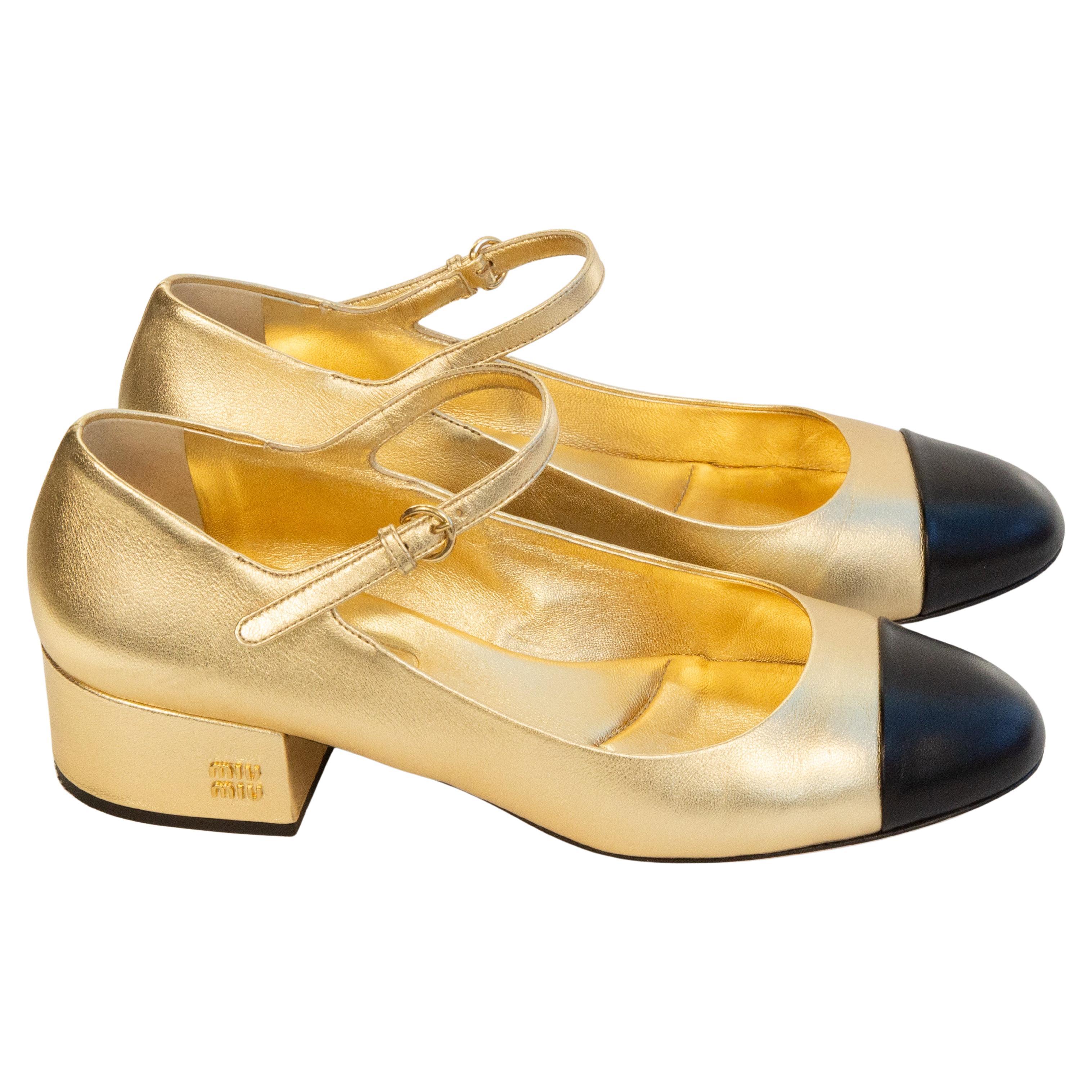 2020s Miu Miu Black and Gold Leather Mary Jane Pumps Size 38.5