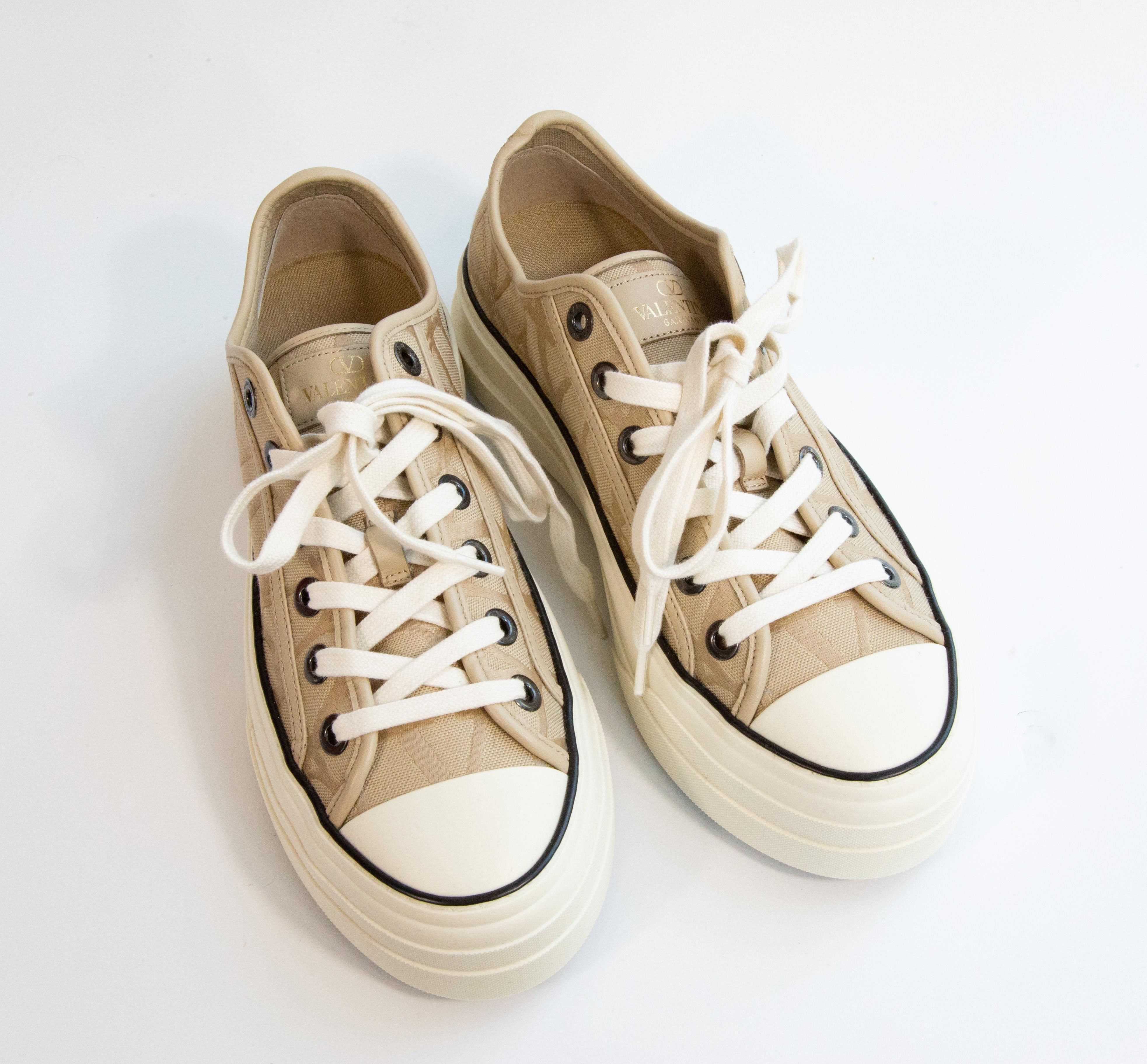 Beige 2020s Valentino Garavani Totaloop Platform Canvas Trainers For Sale