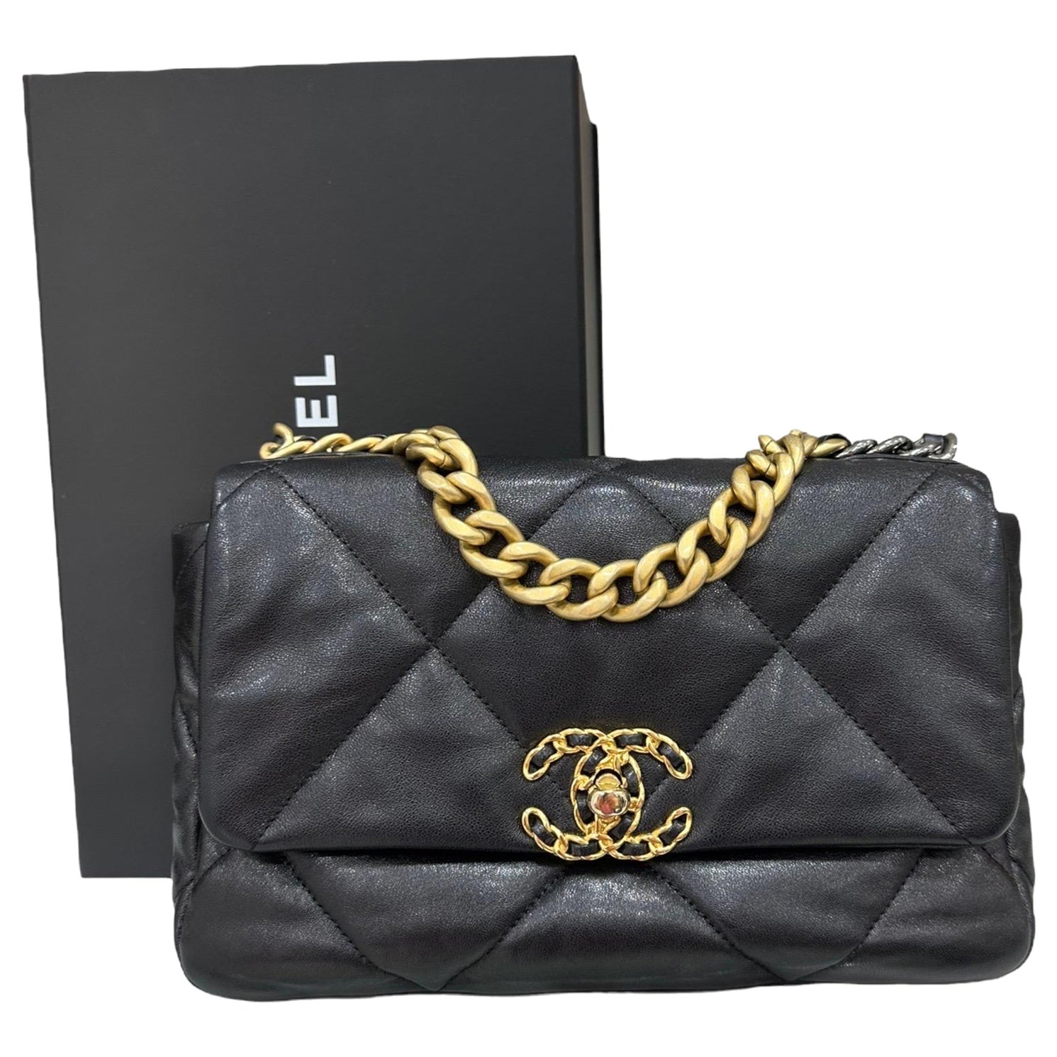 2021 Chanel 19 Medium Size Black Leather Top Handle Bag