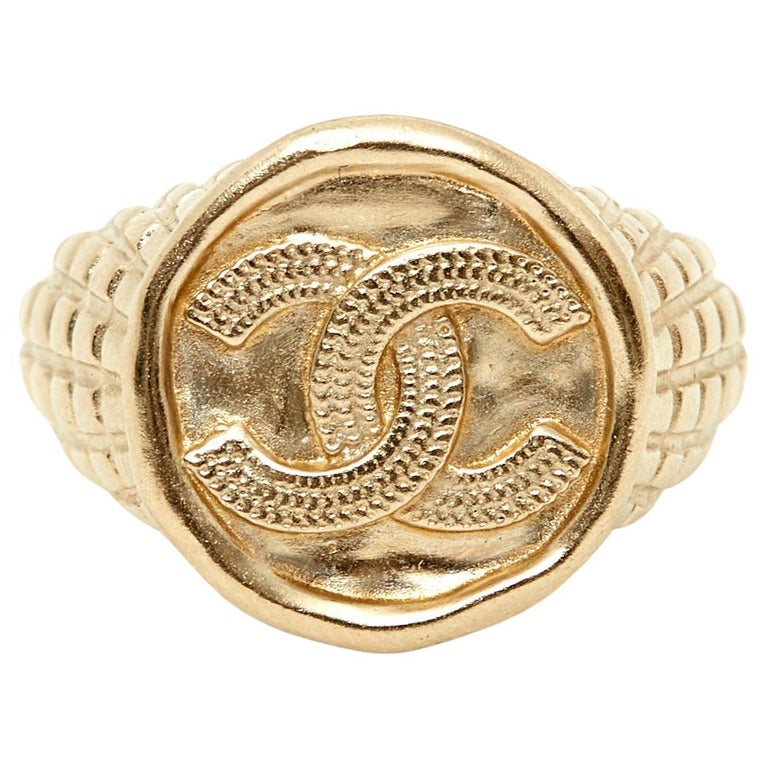 Chanel CC Multicolored Enamel Gold Tone Ring Size 52