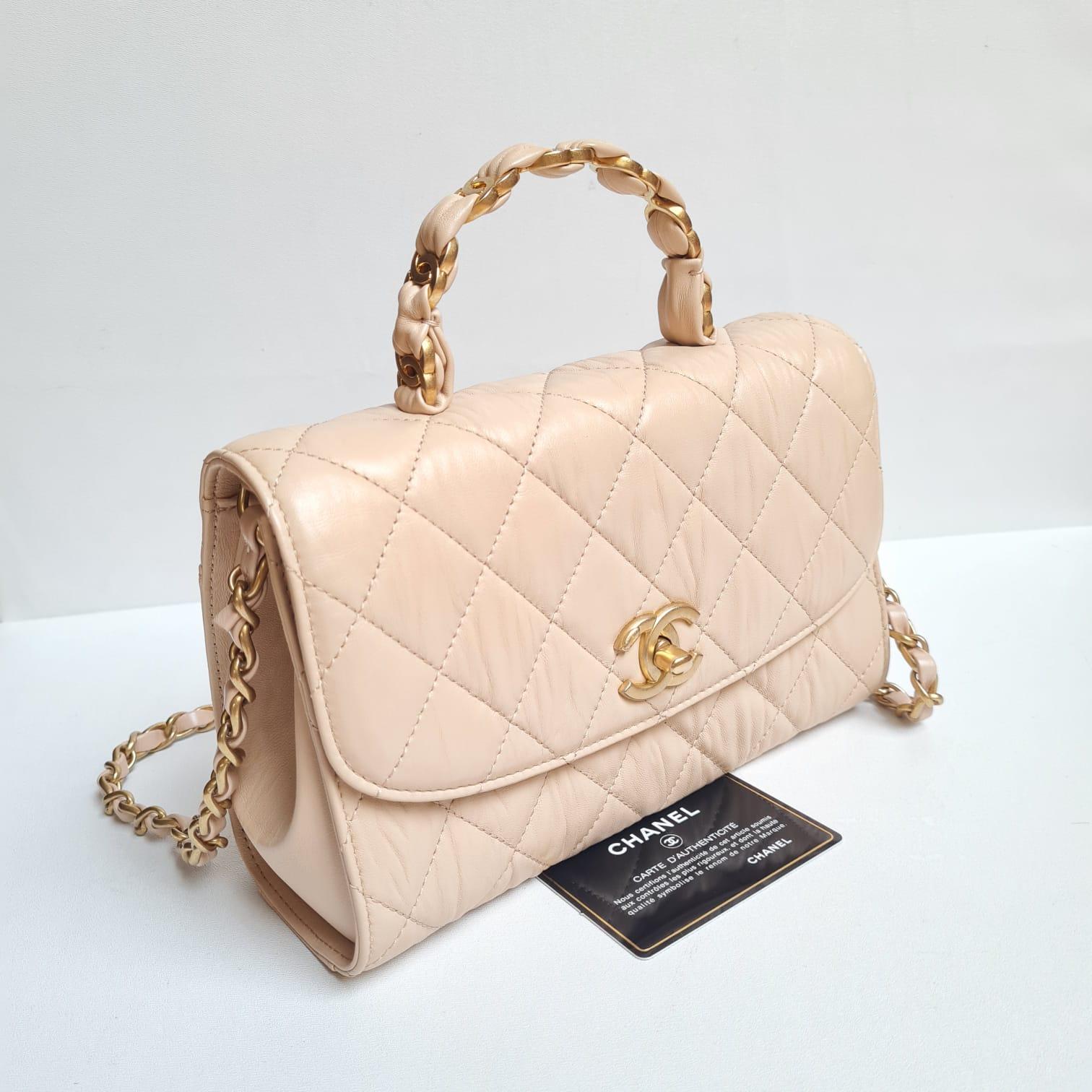 Women's or Men's 2021 Chanel Cream Crinkled Leather Top Handle Bag