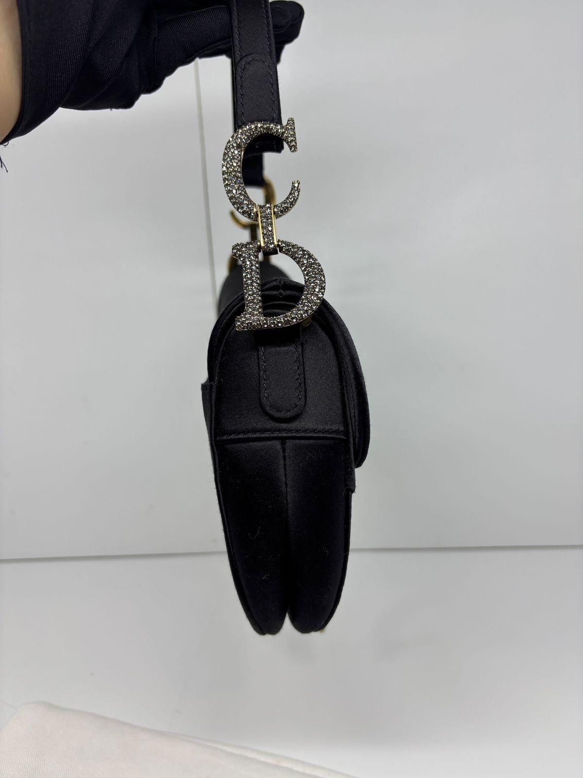 2021 Christian Dior Black Satin Swarovski Crystal Mini Saddle Bag 7