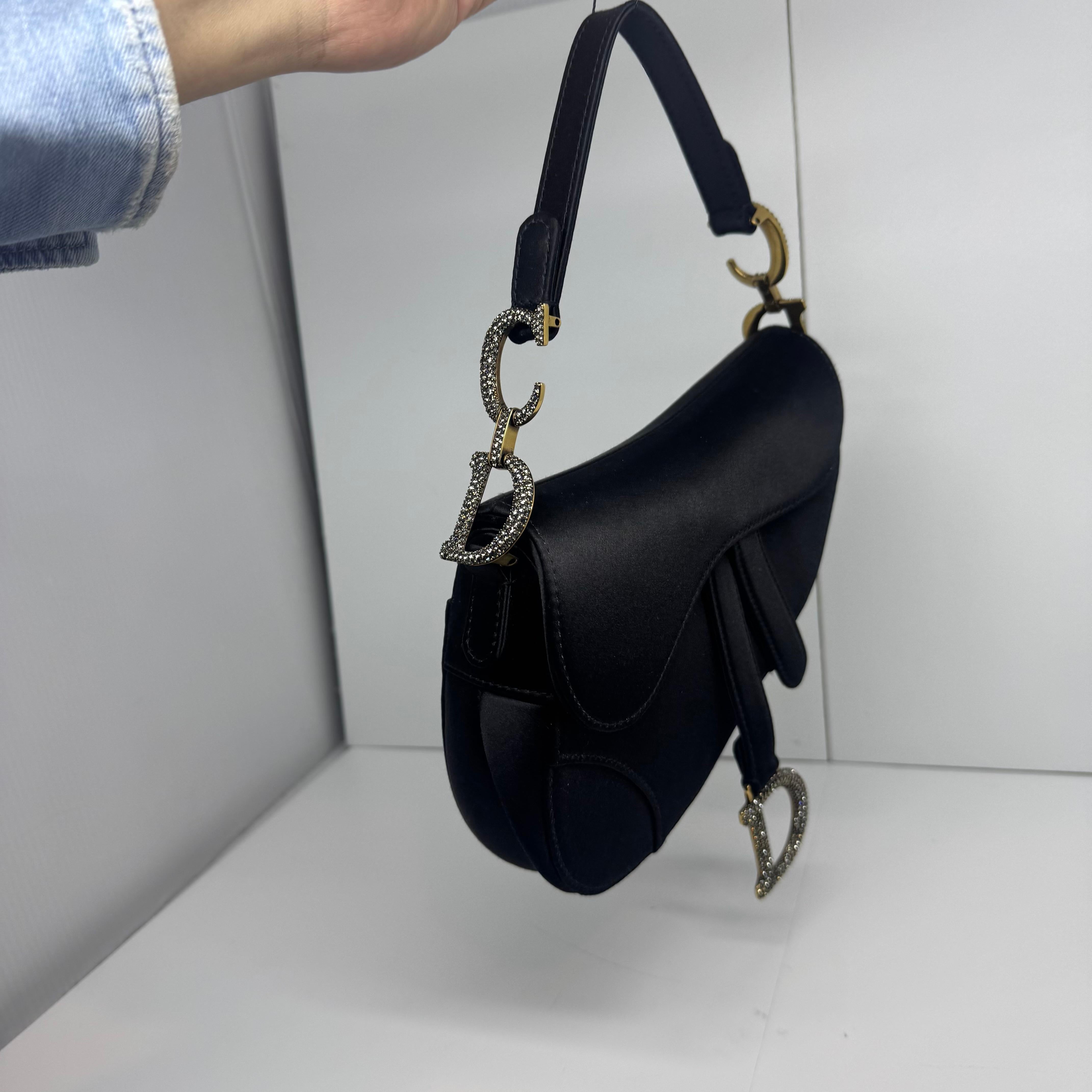 2021 Christian Dior Black Satin Swarovski Crystal Mini Saddle Bag 11