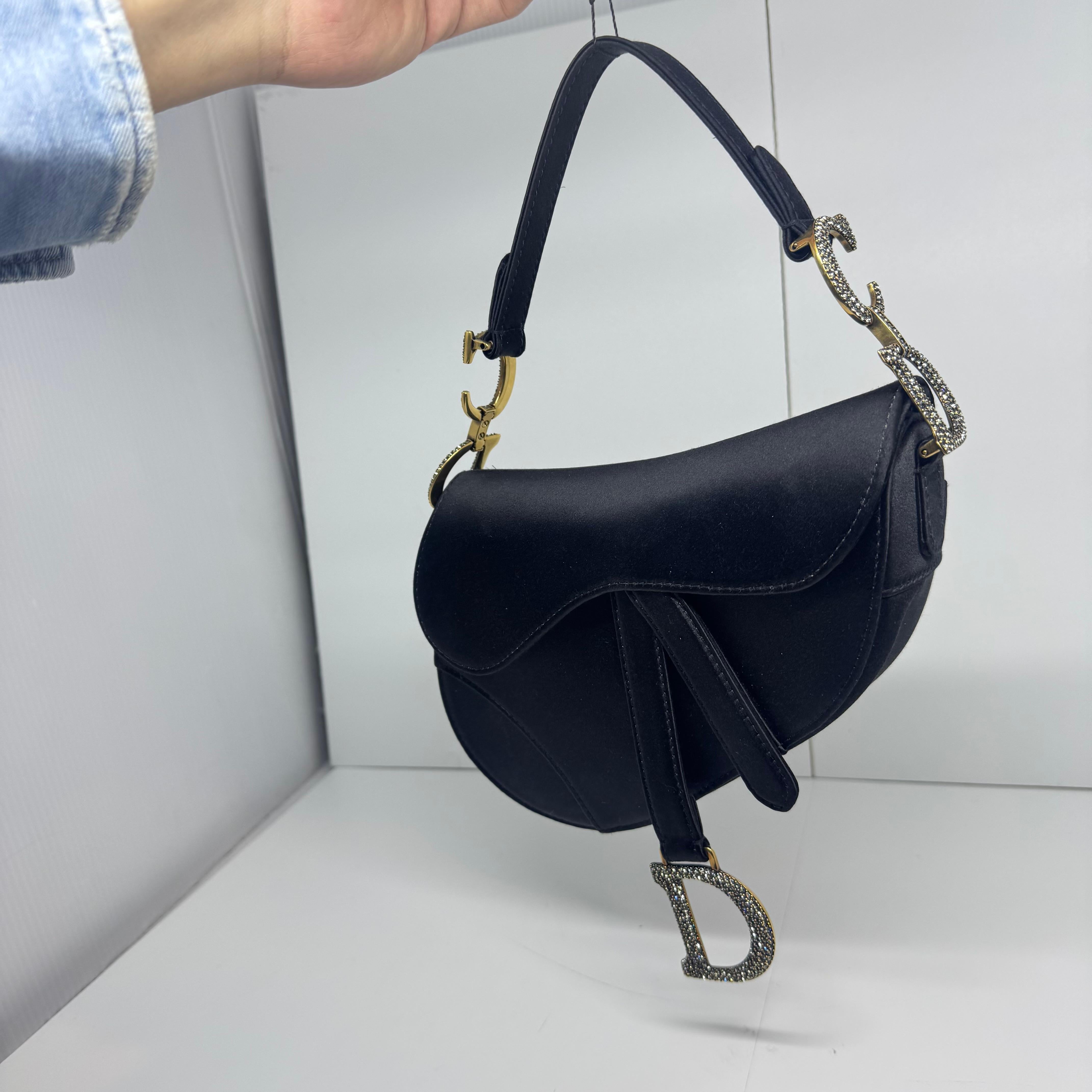2021 Christian Dior Black Satin Swarovski Crystal Mini Saddle Bag 12