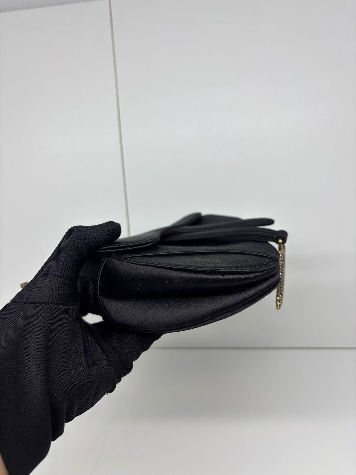 Women's 2021 Christian Dior Black Satin Swarovski Crystal Mini Saddle Bag