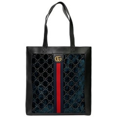 2021 Gucci Dark Blue GG Velvet & Black Pigskin Orphidia Tote Bag