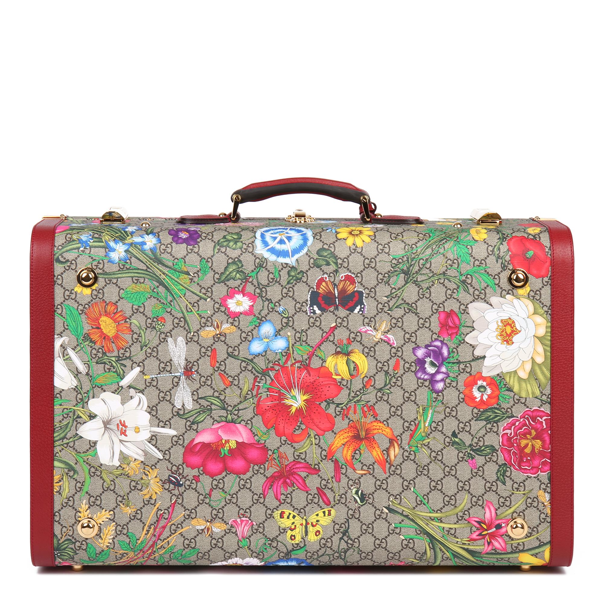 Women's or Men's 2021 Gucci GG Flora Coated Canvas & Red Pigskin Leather Large Suitcase Trunk  