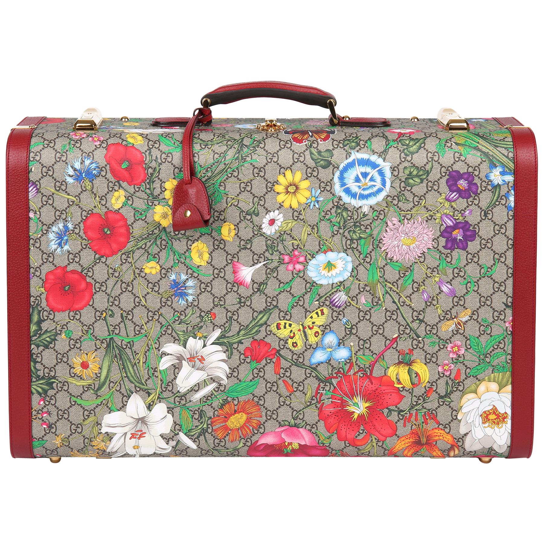 2021 Gucci GG Flora Coated Canvas & Red Pigskin Leather Large Suitcase Trunk  