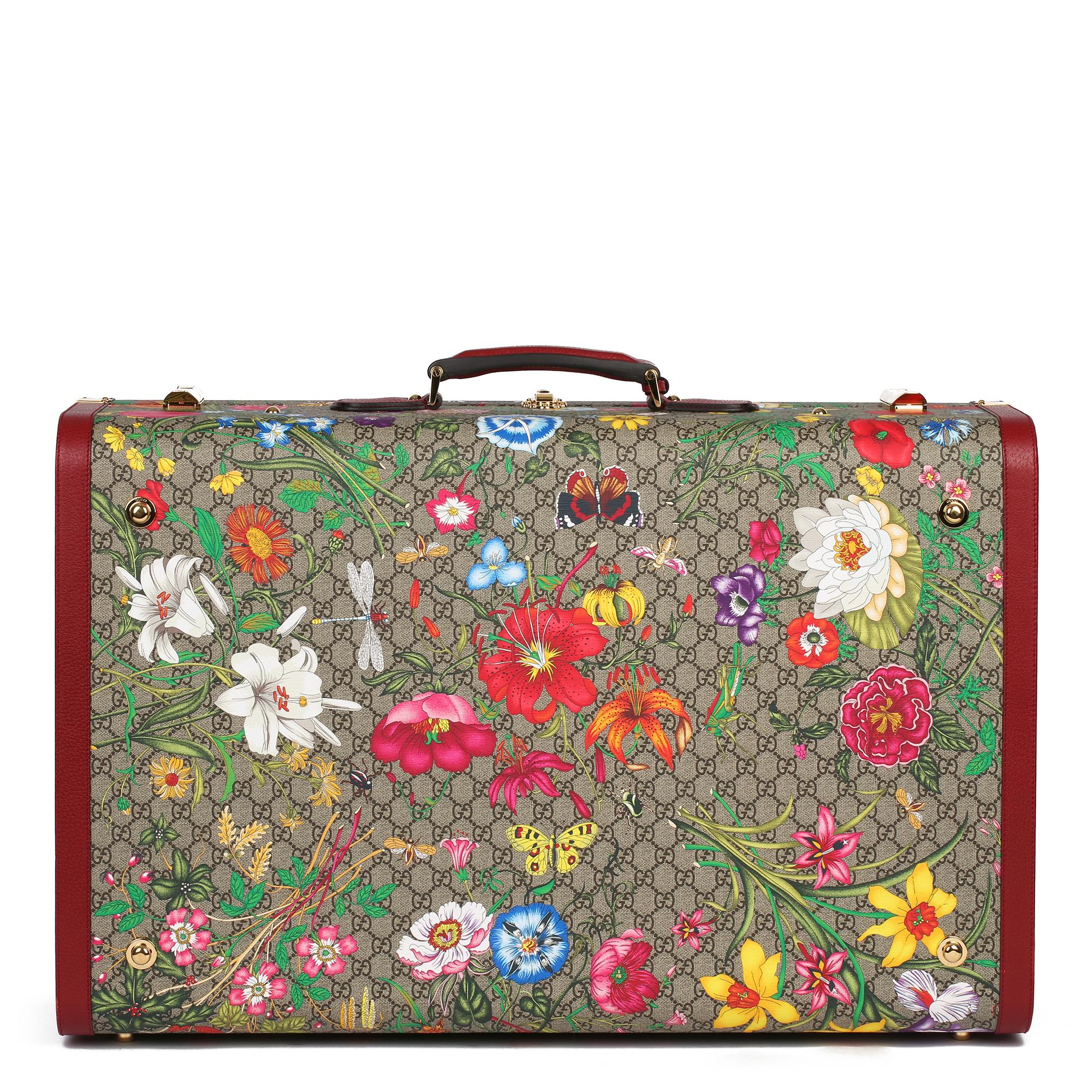 2021 Gucci GG Flora Coated Canvas & Red Pigskin Leather Maxi Suitcase Trunk  In New Condition In Bishop's Stortford, Hertfordshire