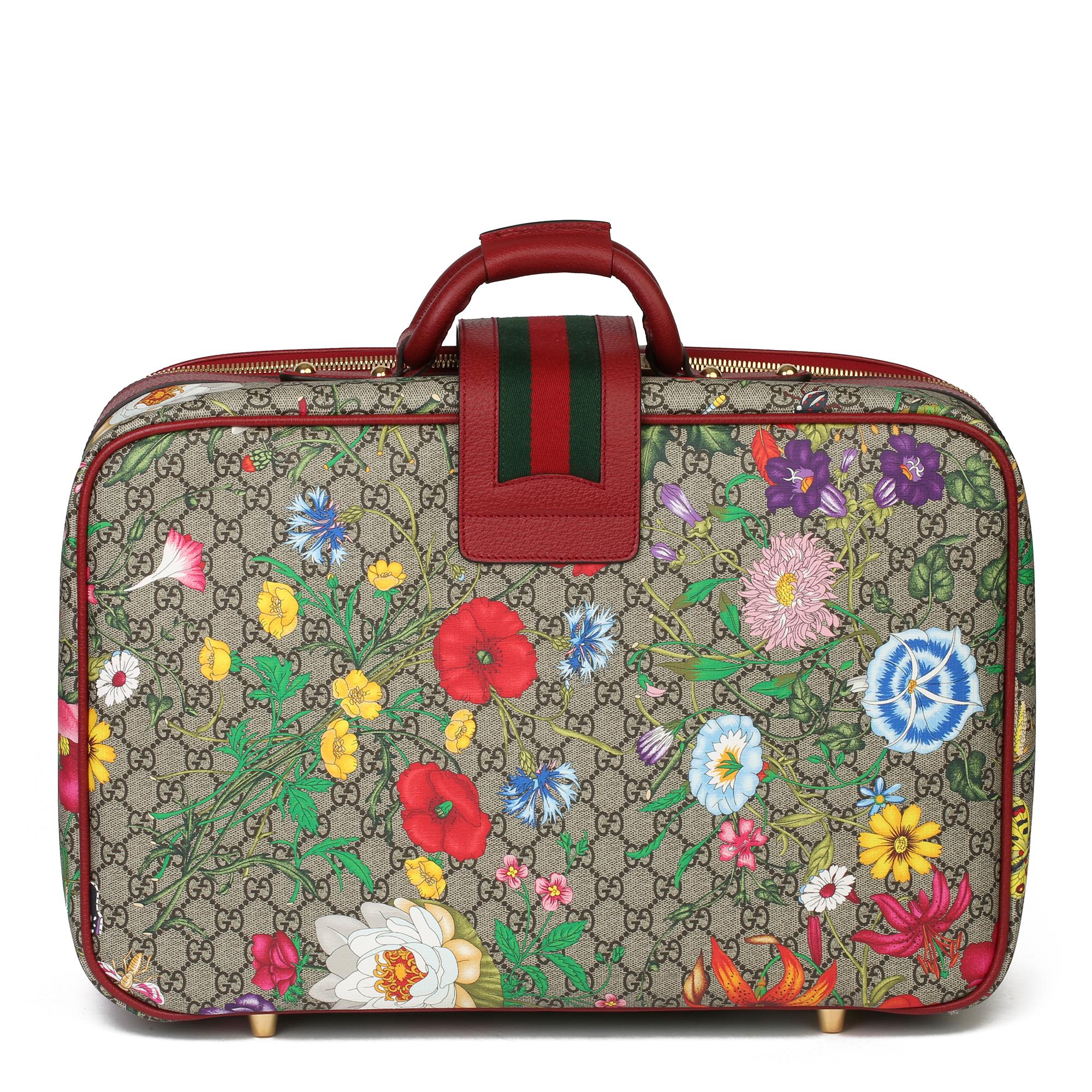 Brown 2021 Gucci GG Flora Coated Canvas & Red Pigskin Leather Suitcase 