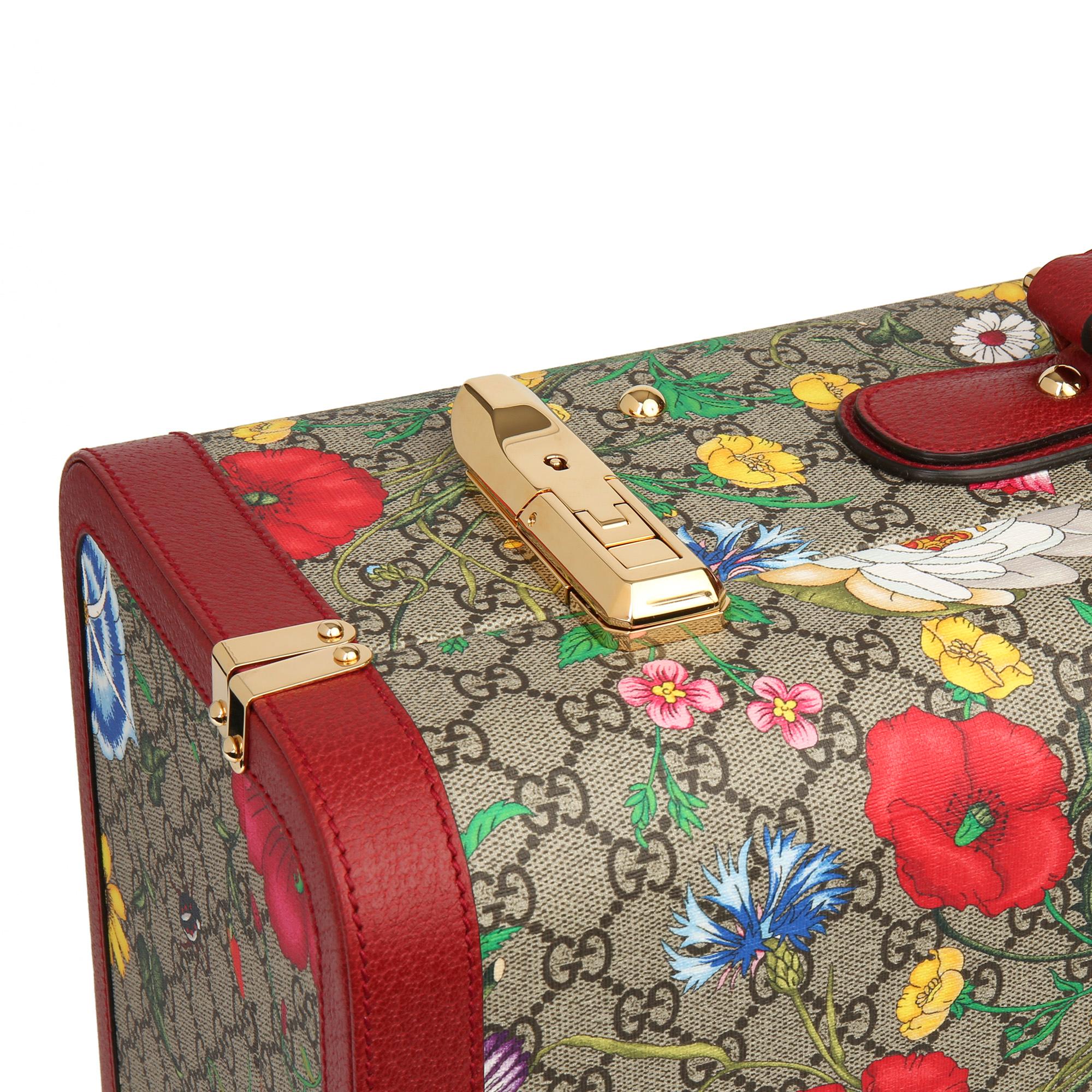 Women's 2021 Gucci GG Flora Coated Canvas & Red Pigskin Leather Suitcase Trunk 