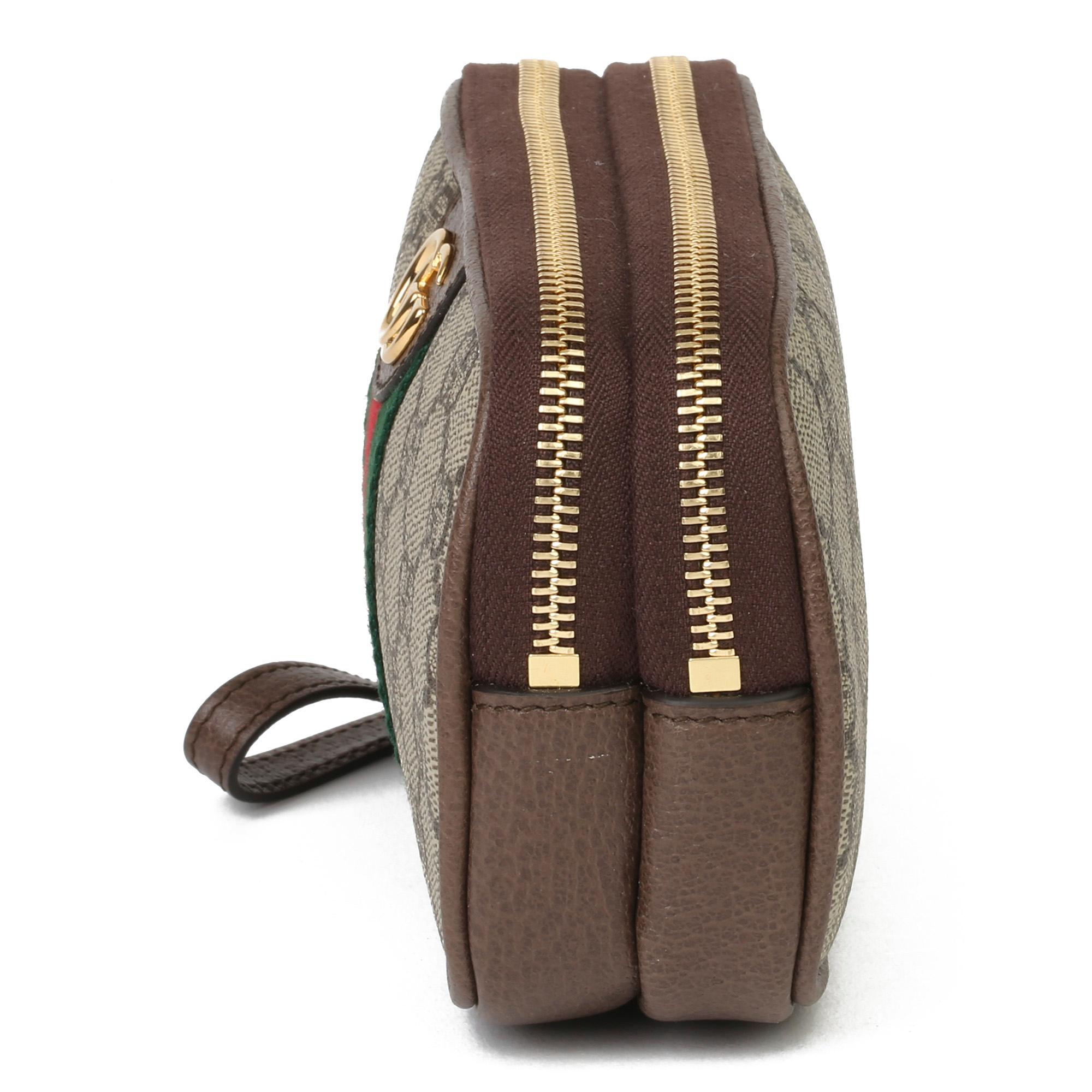 2021 Gucci GG Supreme Canvas & Braun Pigksin Leder Web Ophidia Wristlet (Grau)