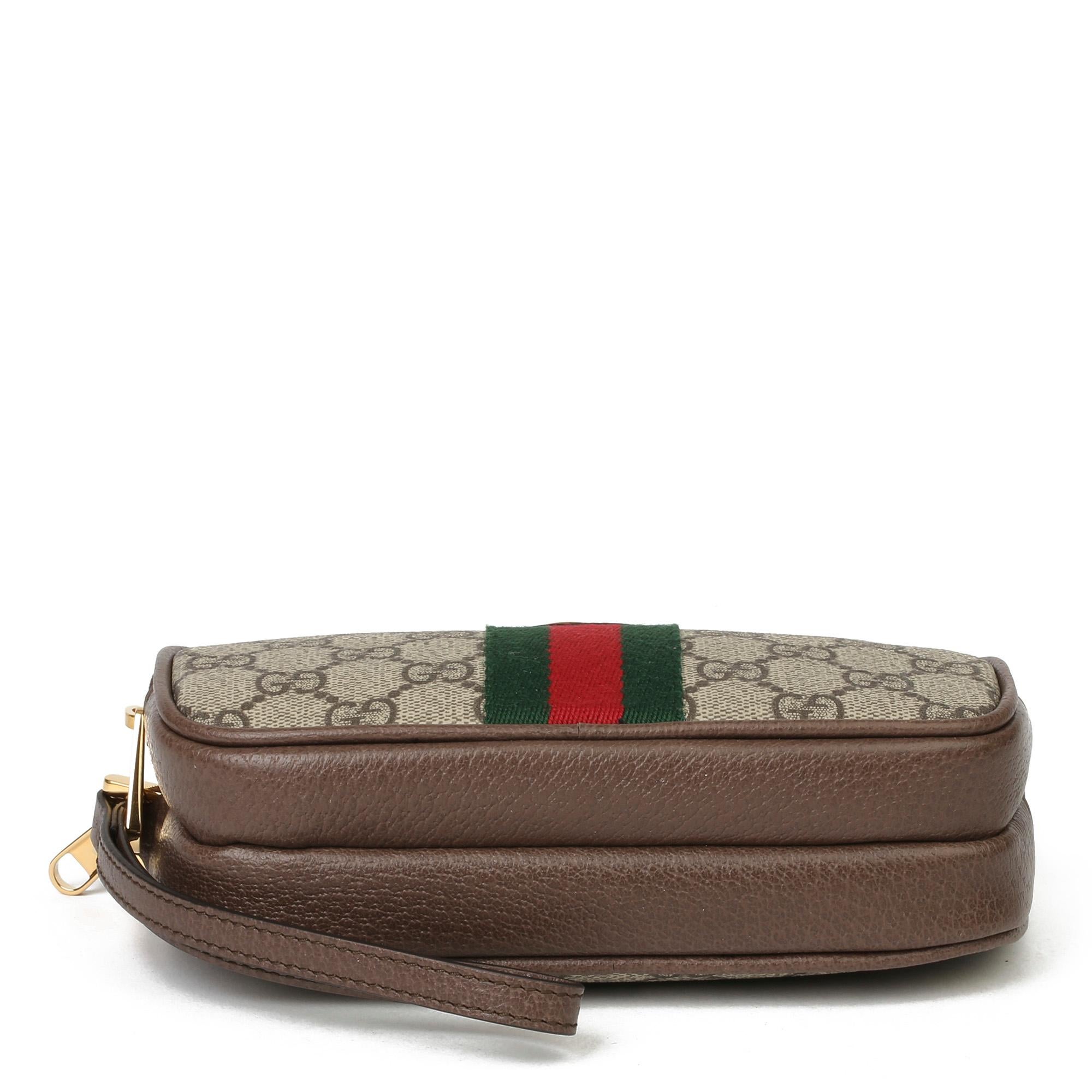2021 Gucci GG Supreme Canvas & Braun Pigksin Leder Web Ophidia Wristlet Damen