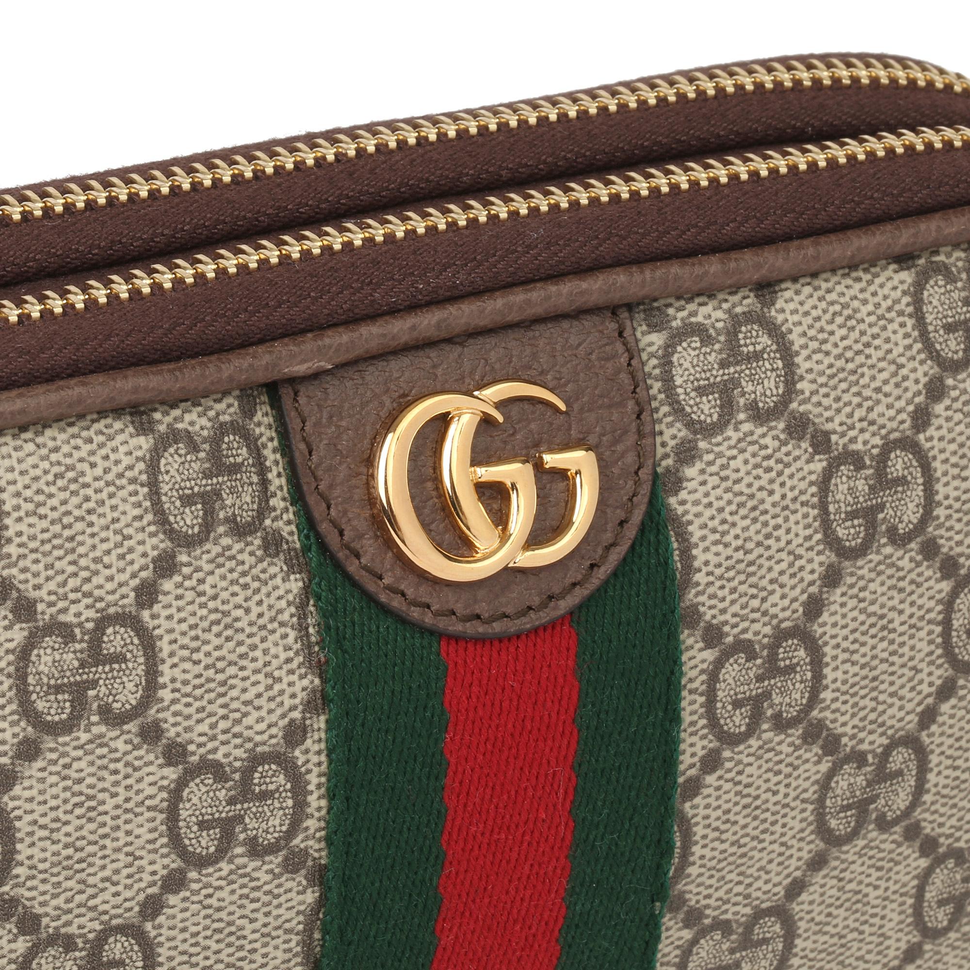 2021 Gucci GG Supreme Canvas & Braun Pigksin Leder Web Ophidia Wristlet 1