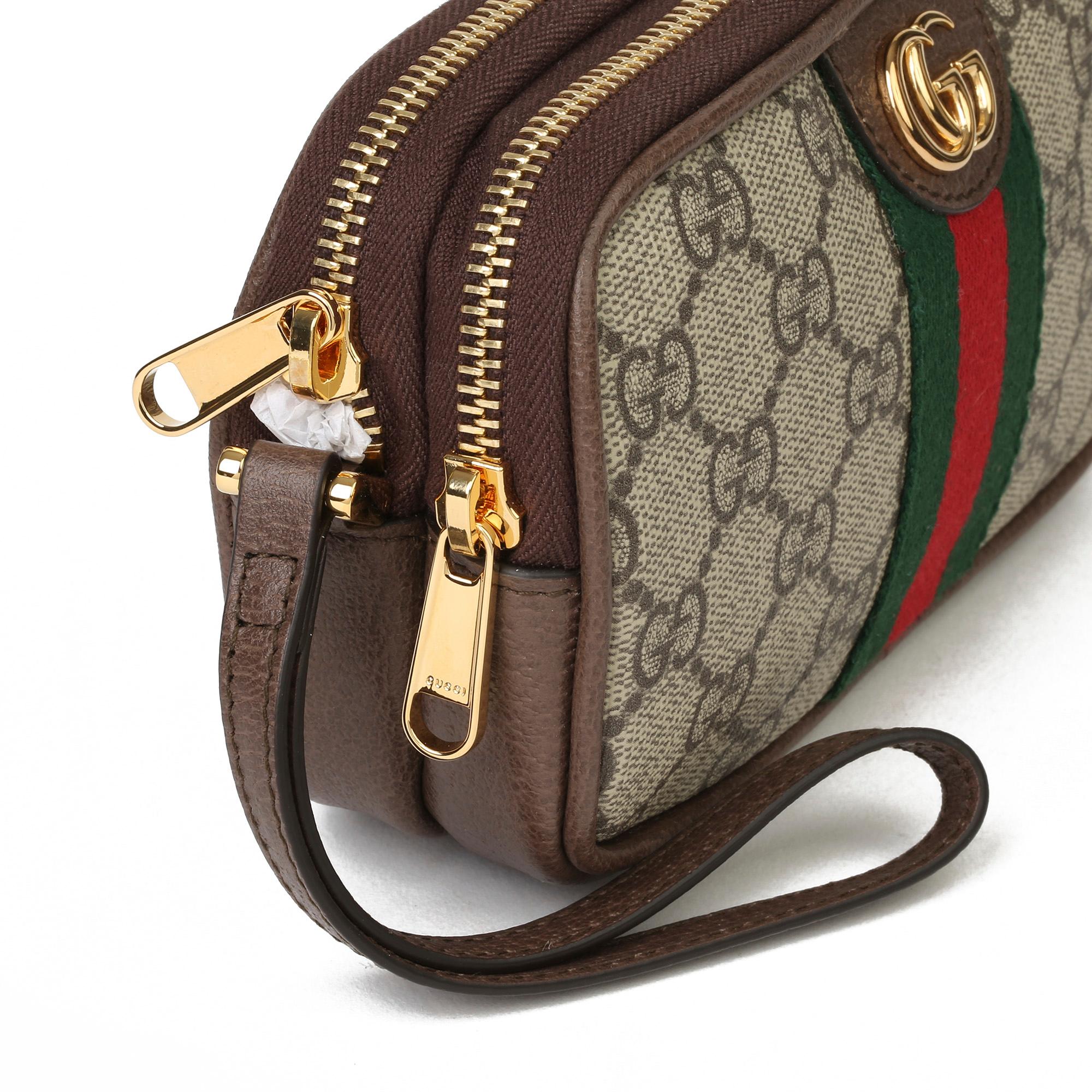 2021 Gucci GG Supreme Canvas & Braun Pigksin Leder Web Ophidia Wristlet 3