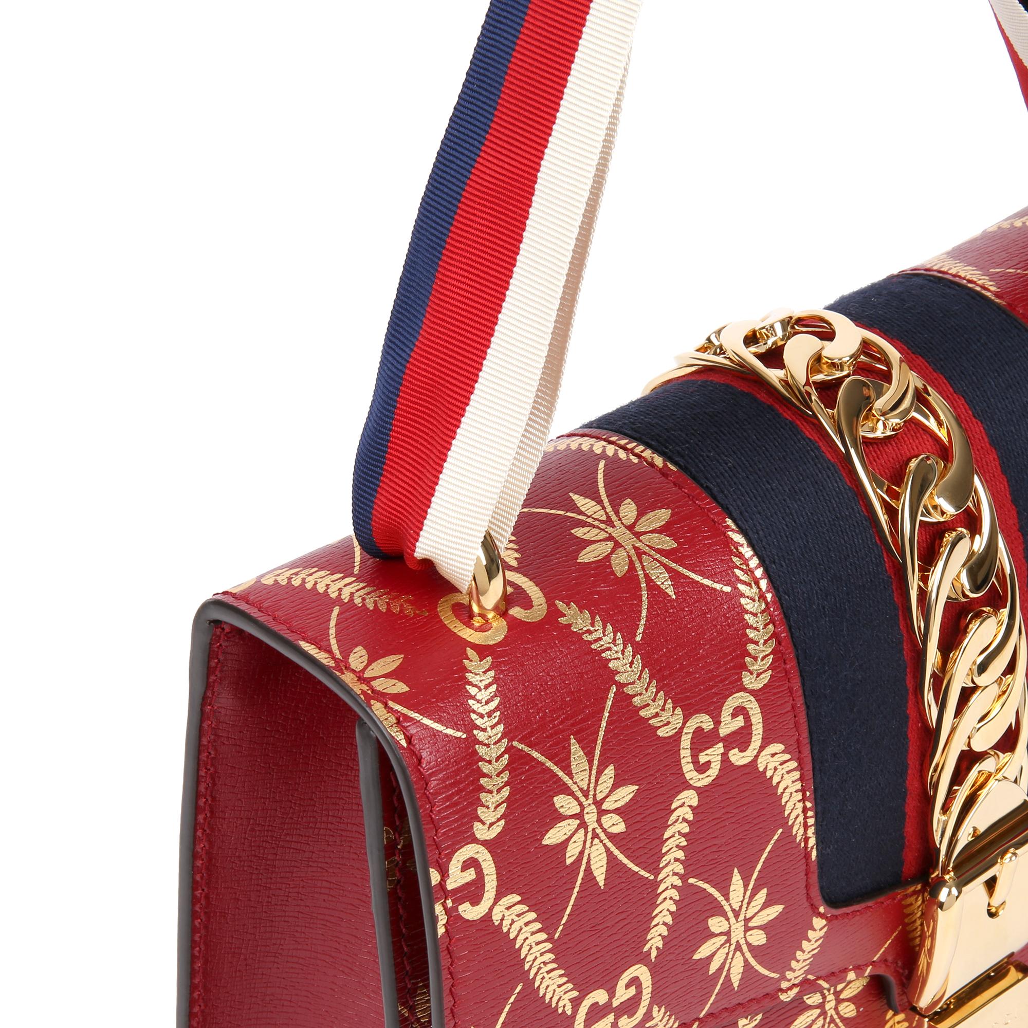 2021 Gucci Red & Gold Calfskin Leather Top Handle Small Sylvie 2