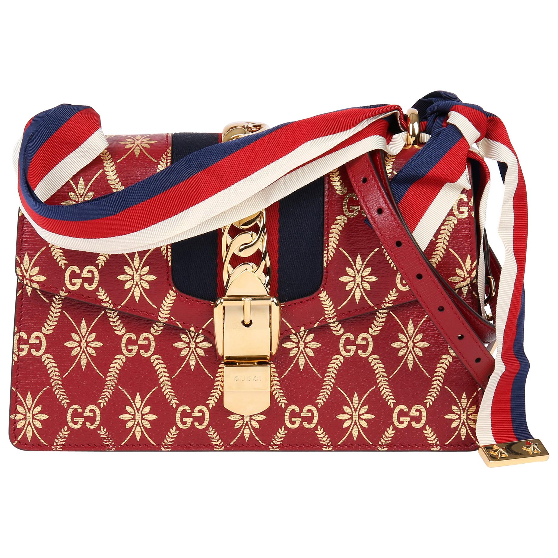 2021 Gucci Red u0026 Gold Calfskin Leather Top Handle Small Sylvie