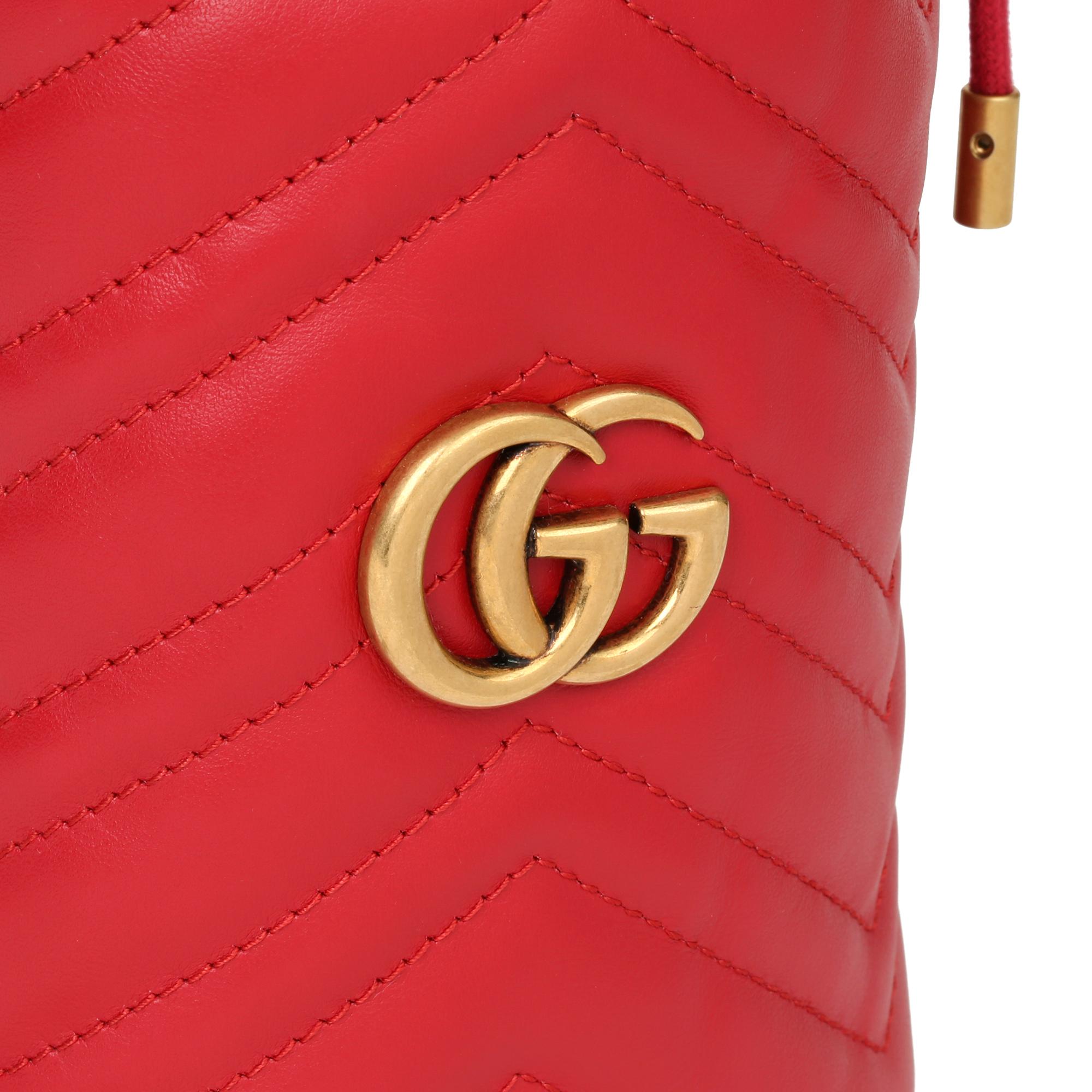 Women's 2021 Gucci Red Quilted Calfskin Leather Mini Marmont Bucket Bag