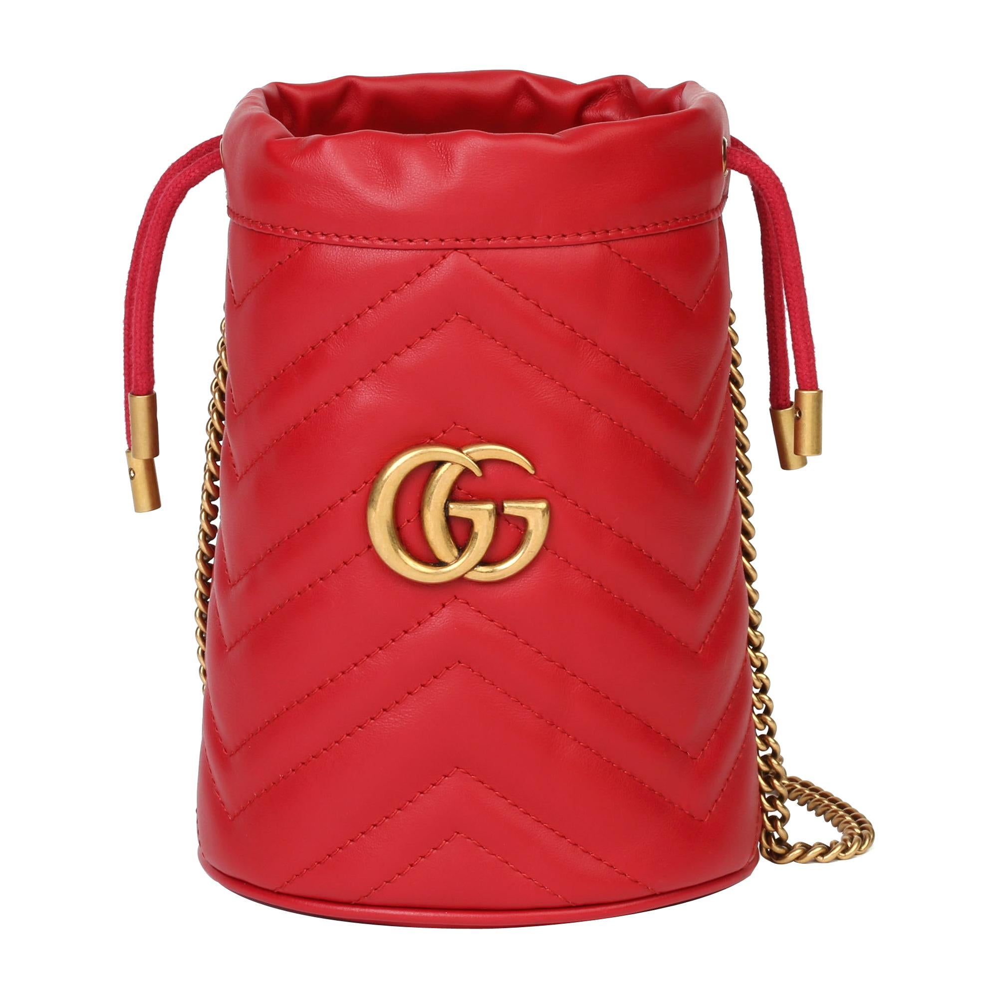2021 Gucci Red Quilted Calfskin Leather Mini Marmont Bucket Bag