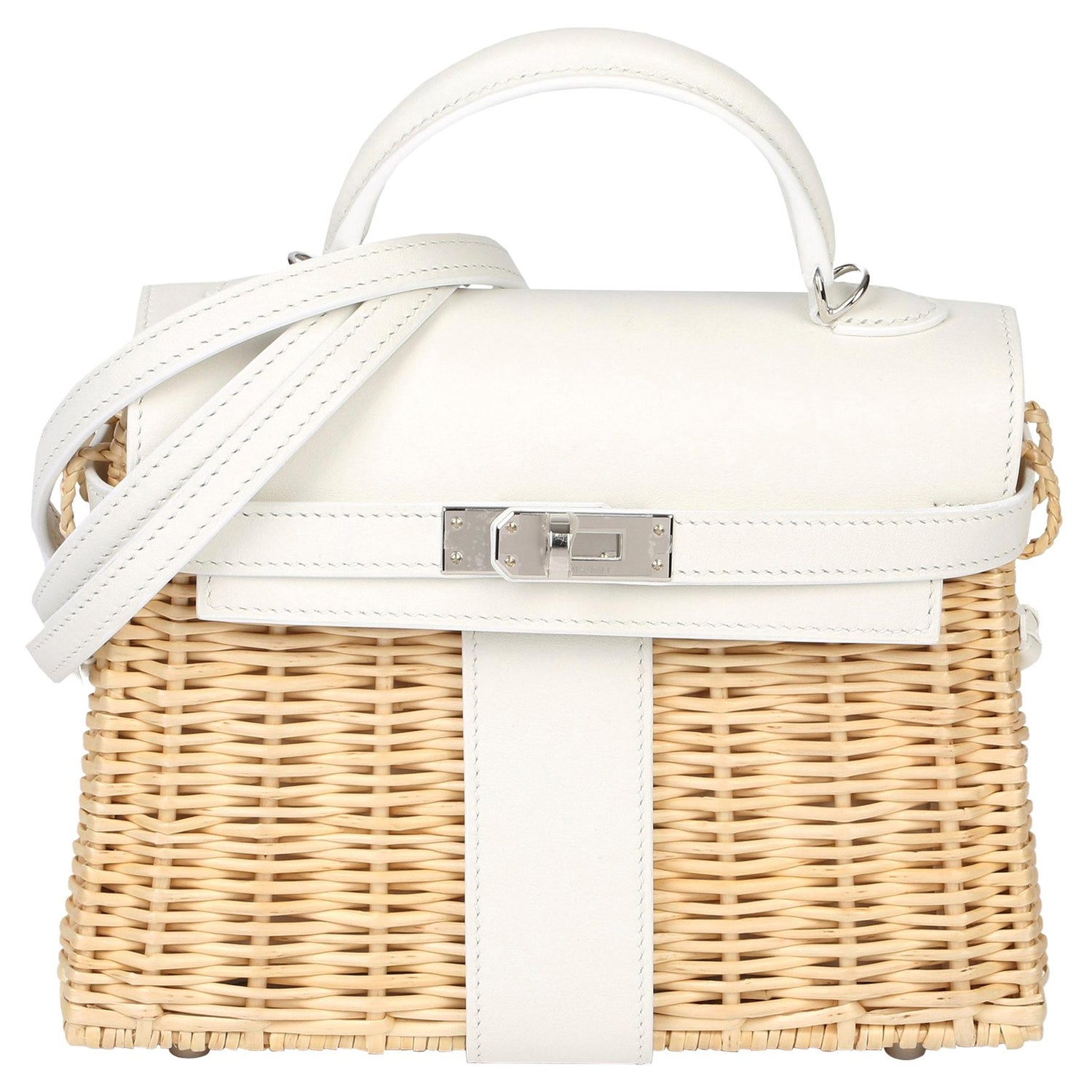 2021 Hermes White Swift Leather and Woven Osier Whicker Mini Kelly Picnic  at 1stDibs