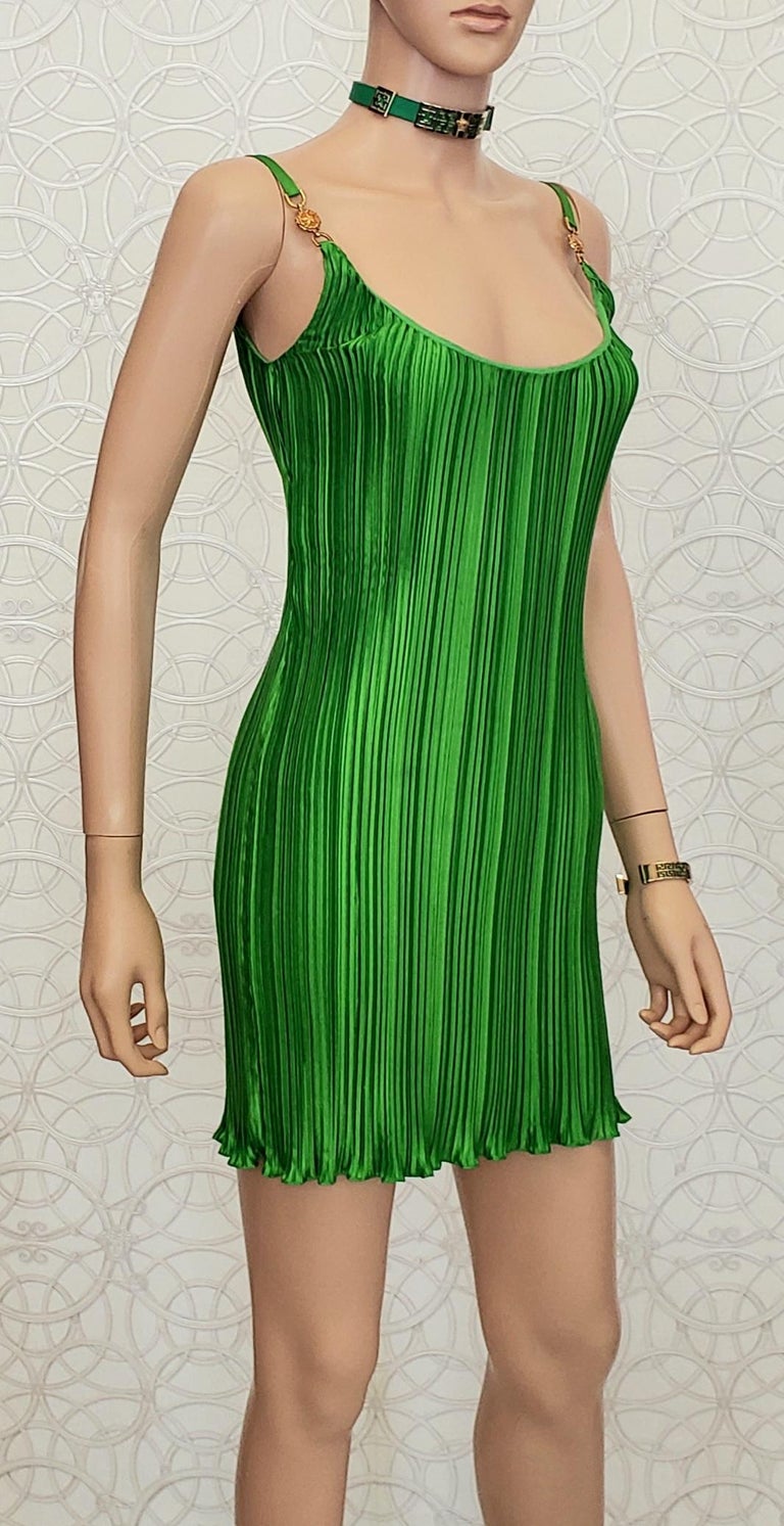 green emerald velvet dress Versace Tweed Mini Dress with Leather Studded Pockets  Size 40 IT