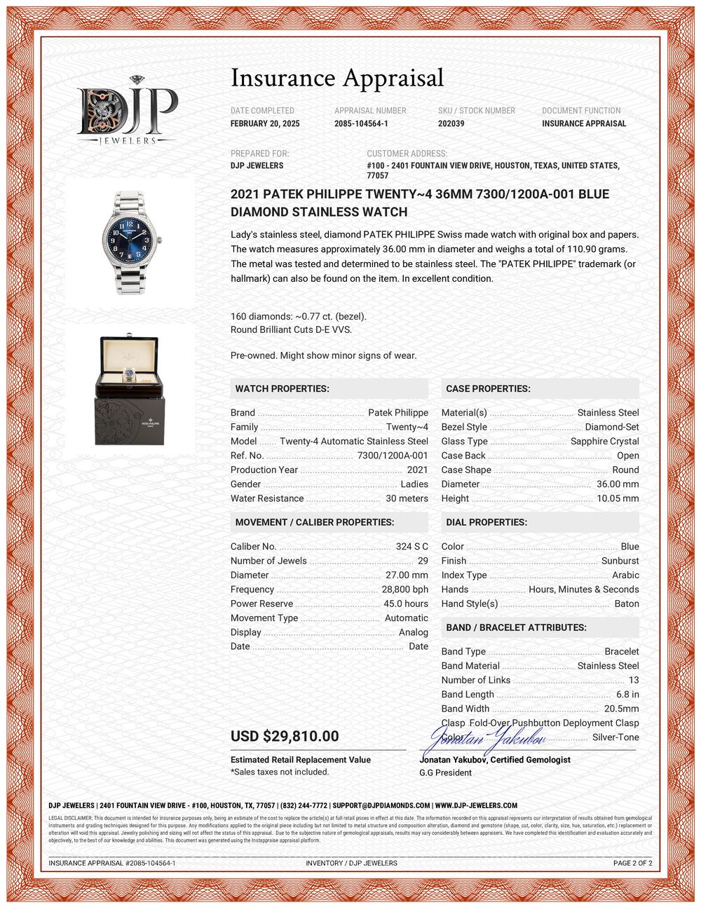 2021 Patek Philippe Twenty~4 36MM 7300/1200A-001 Blue Diamond Stainless Watch 6