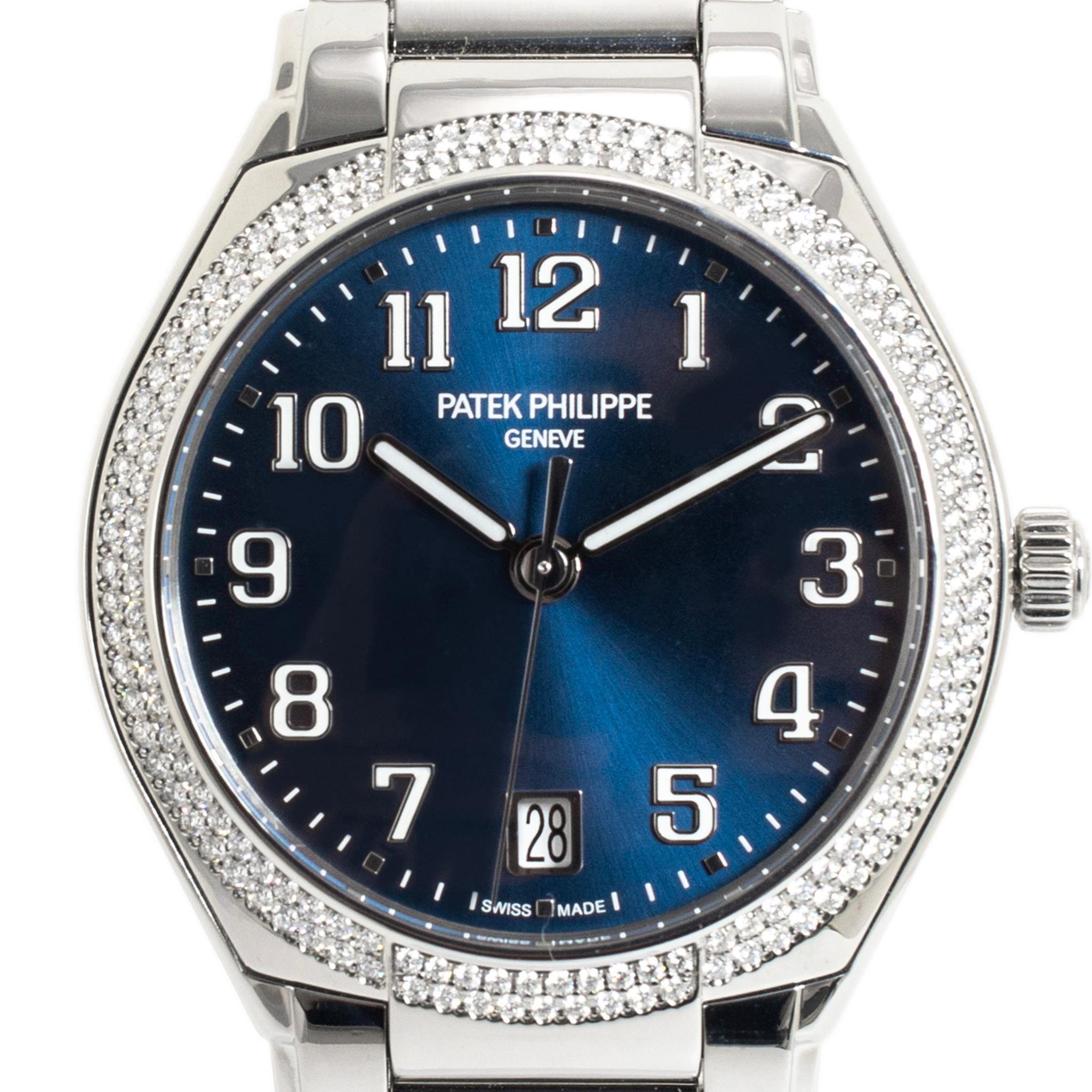 Brand: Patek Philippe 

Gender: Ladies

Metal Type: Stainless  Steel

Diameter: 36.00 mm

Weight: 110.90 grams

Lady's stainless steel diamond PATEK PHILIPPE Swiss-made watch with original box and papers. The metal was tested and determined to be