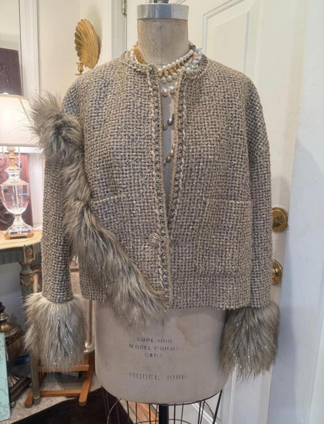 2021 Pre Fall CHANEL by Virginie Viard Faux Fur Trim Lamé Jacket, Size 40 For Sale 8