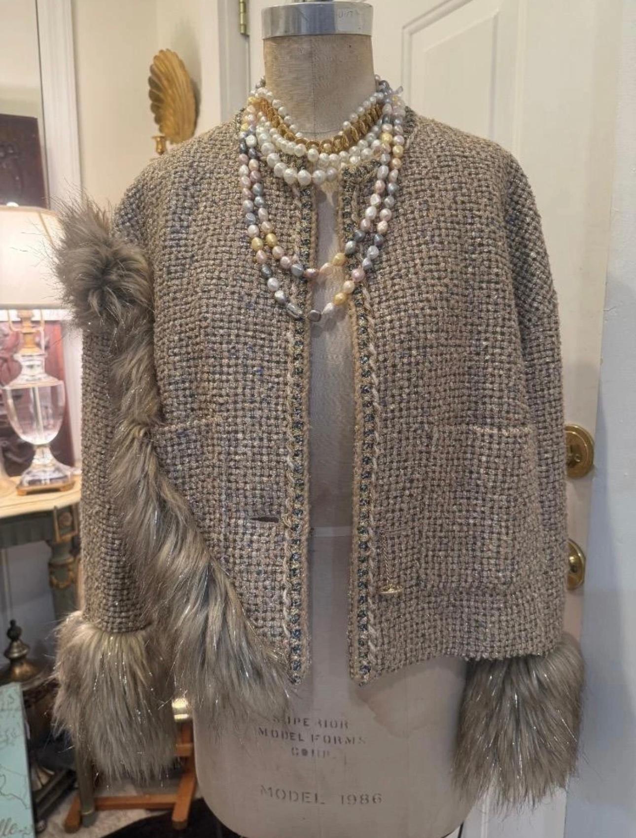 Gray 2021 Pre Fall CHANEL by Virginie Viard Faux Fur Trim Lamé Jacket, Size 40 For Sale