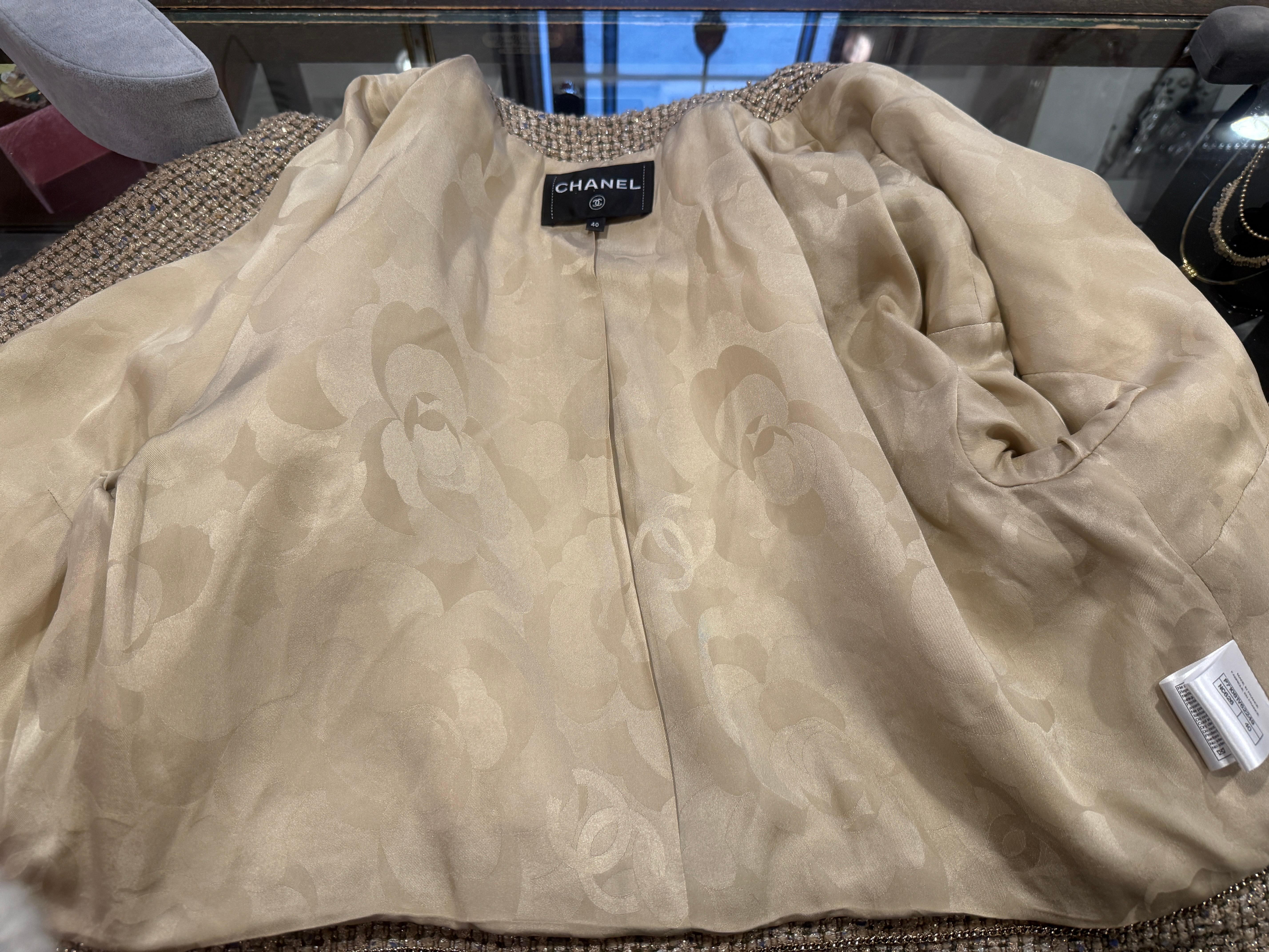 2021 Pre Fall CHANEL by Virginie Viard Faux Fur Trim Lamé Jacket, Size 40 1
